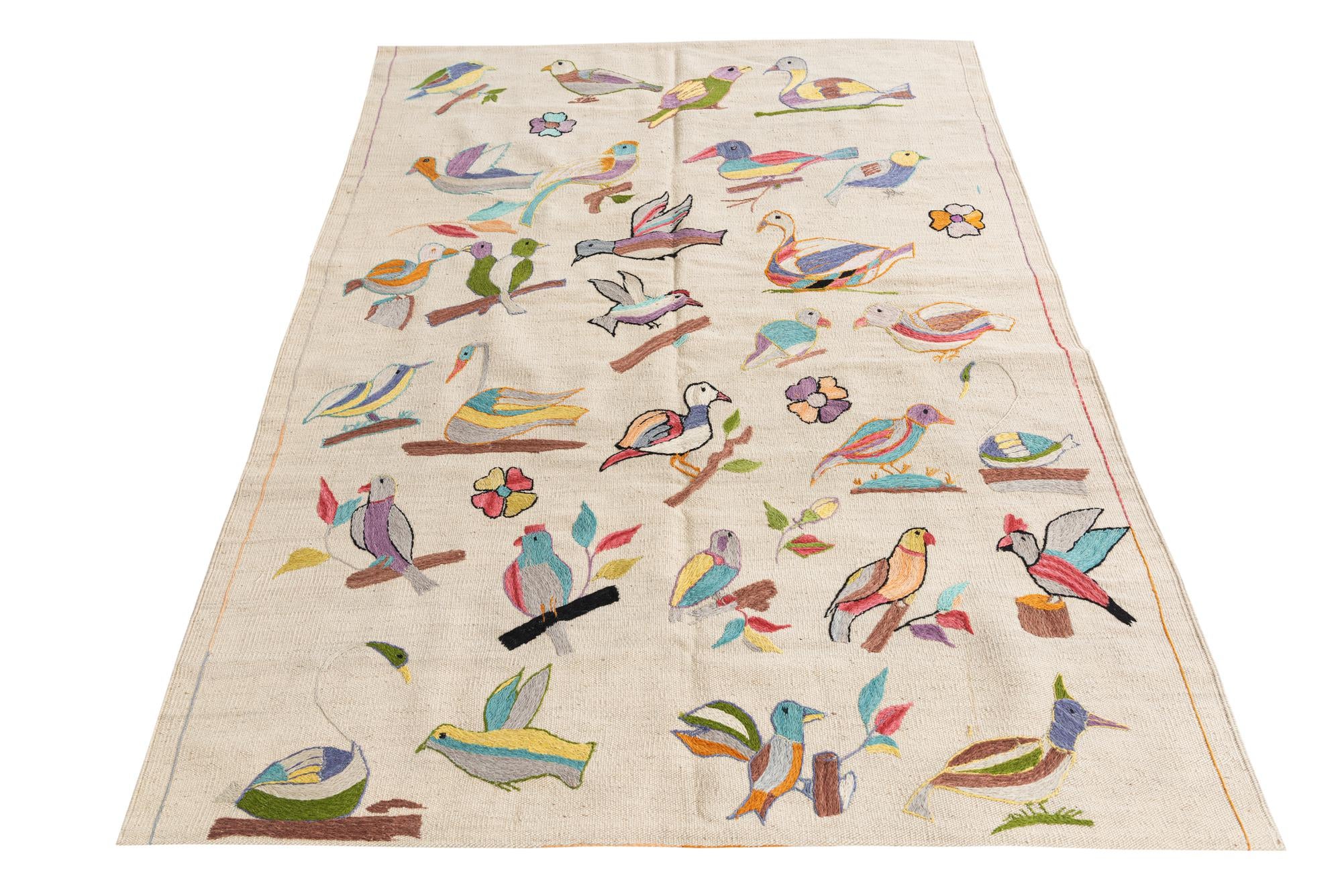 4' 3 x 5' 9 Hand Woven Kilim Suzani Wool Rug