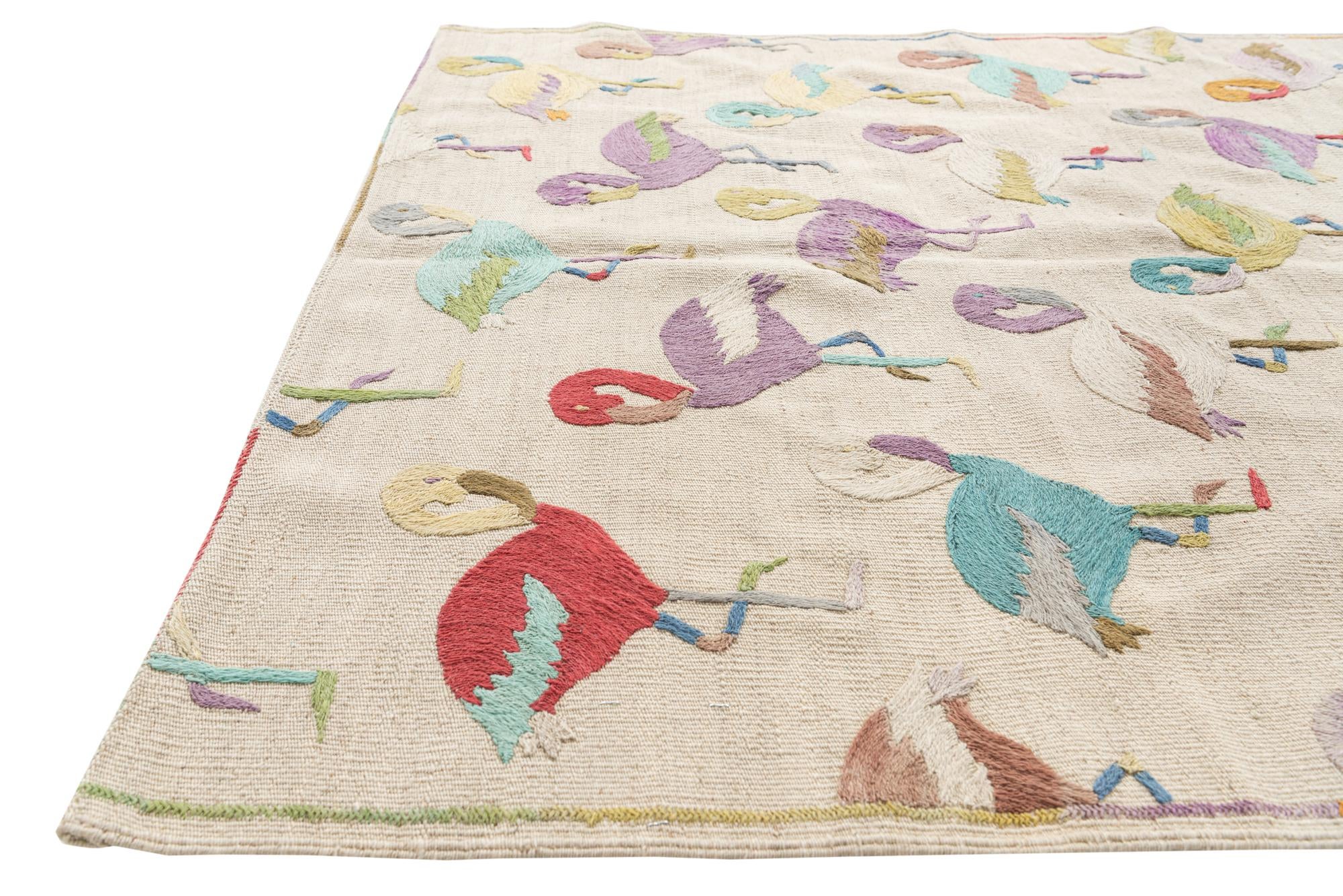 4' 2 x 5' 8 Hand Woven Kilim Suzani Wool Rug
