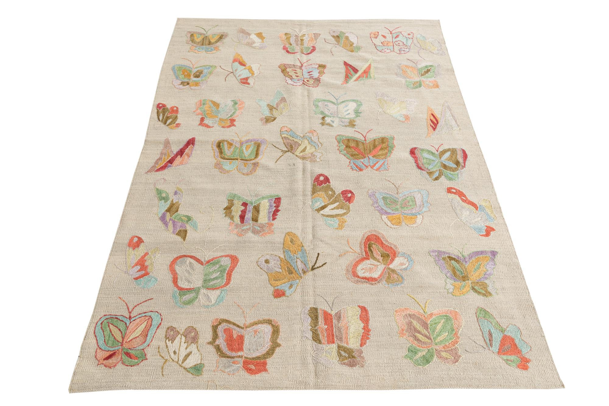 4' 3 x 5' 10 Hand Woven Kilim Suzani Wool Rug