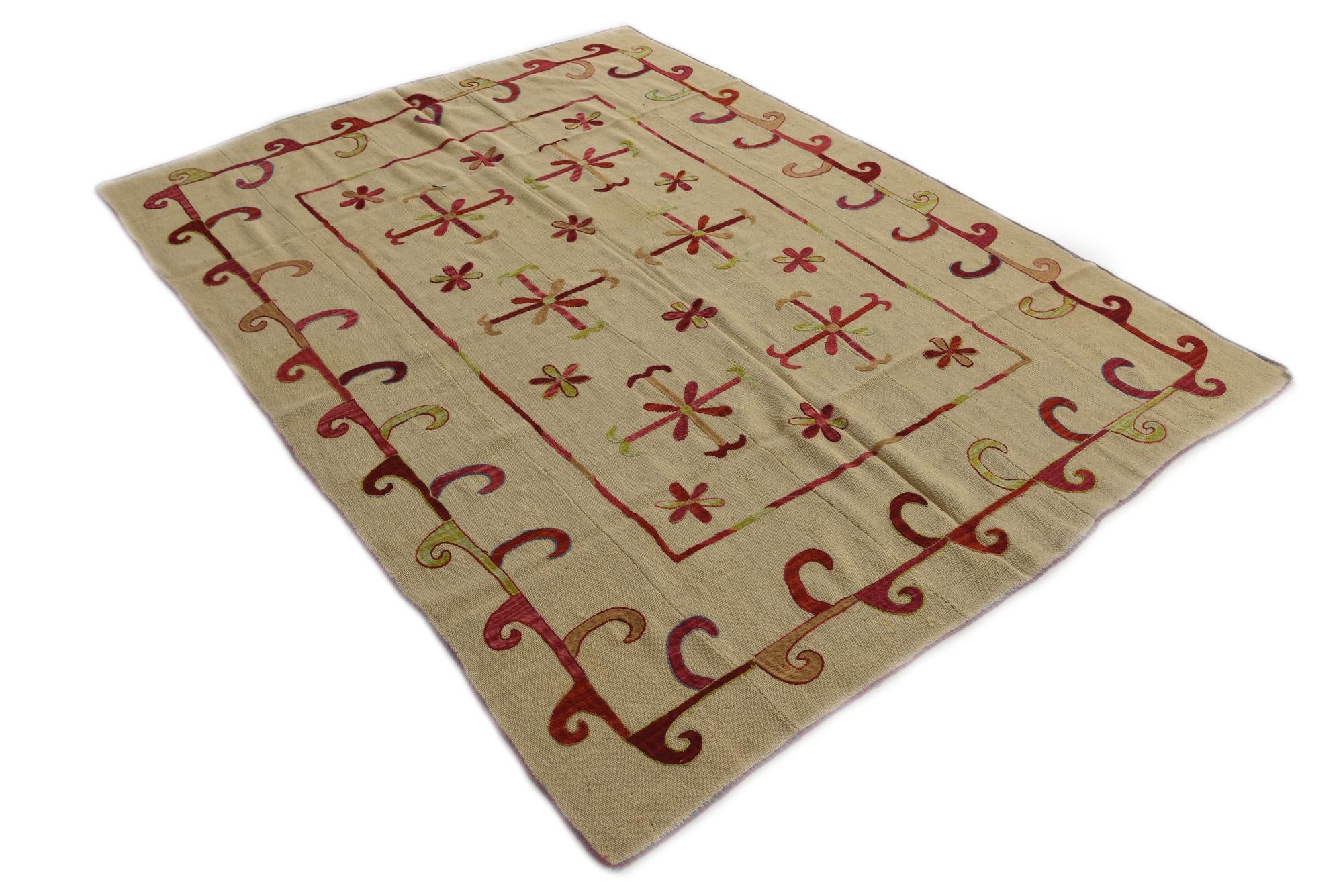 5' 7 x 7' 8 Hand Woven Kilim Suzani Wool Rug