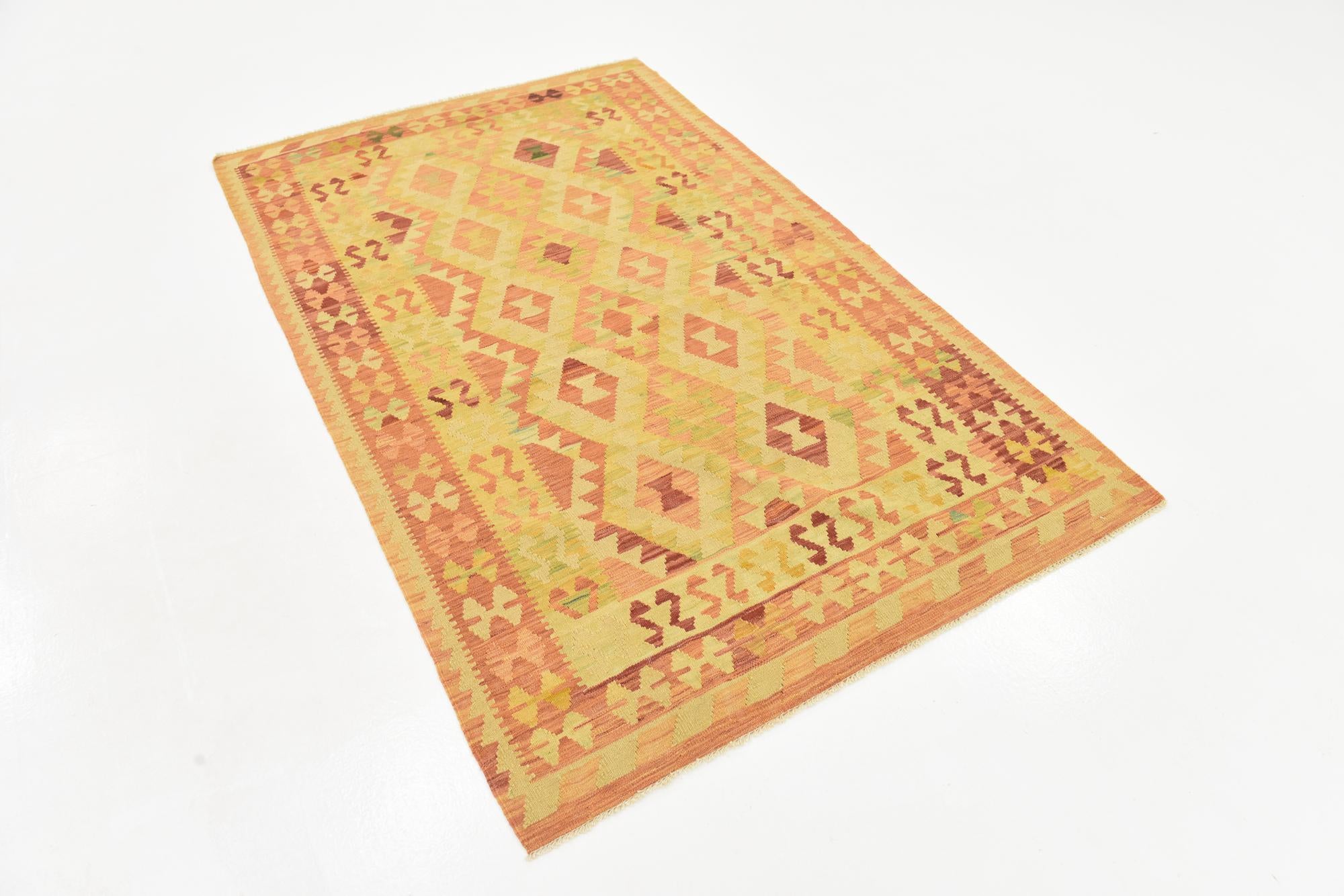 4' 2 x 6' 8 Hand Woven Kilim Waziri Wool Rug
