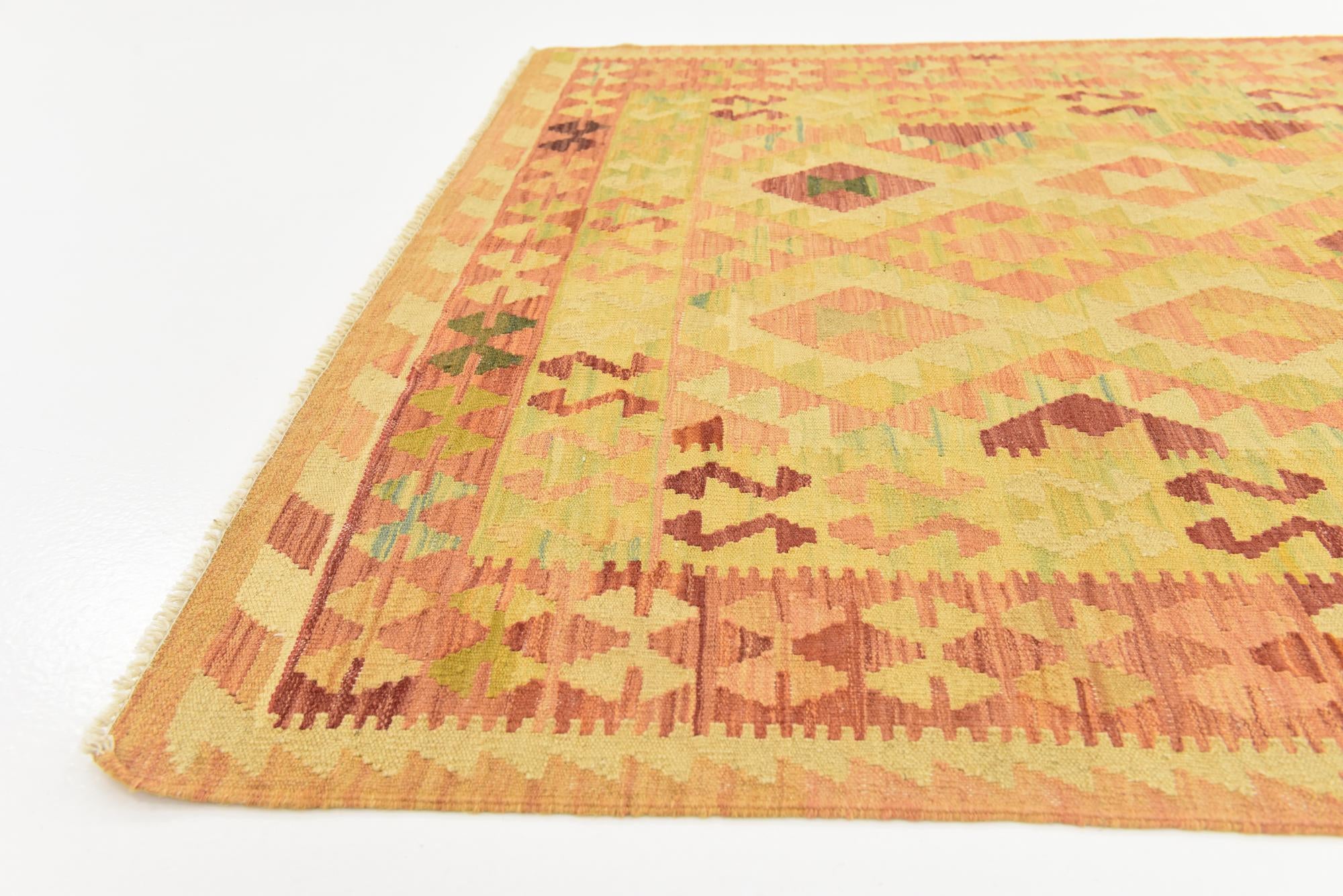 4' 2 x 6' 8 Hand Woven Kilim Waziri Wool Rug