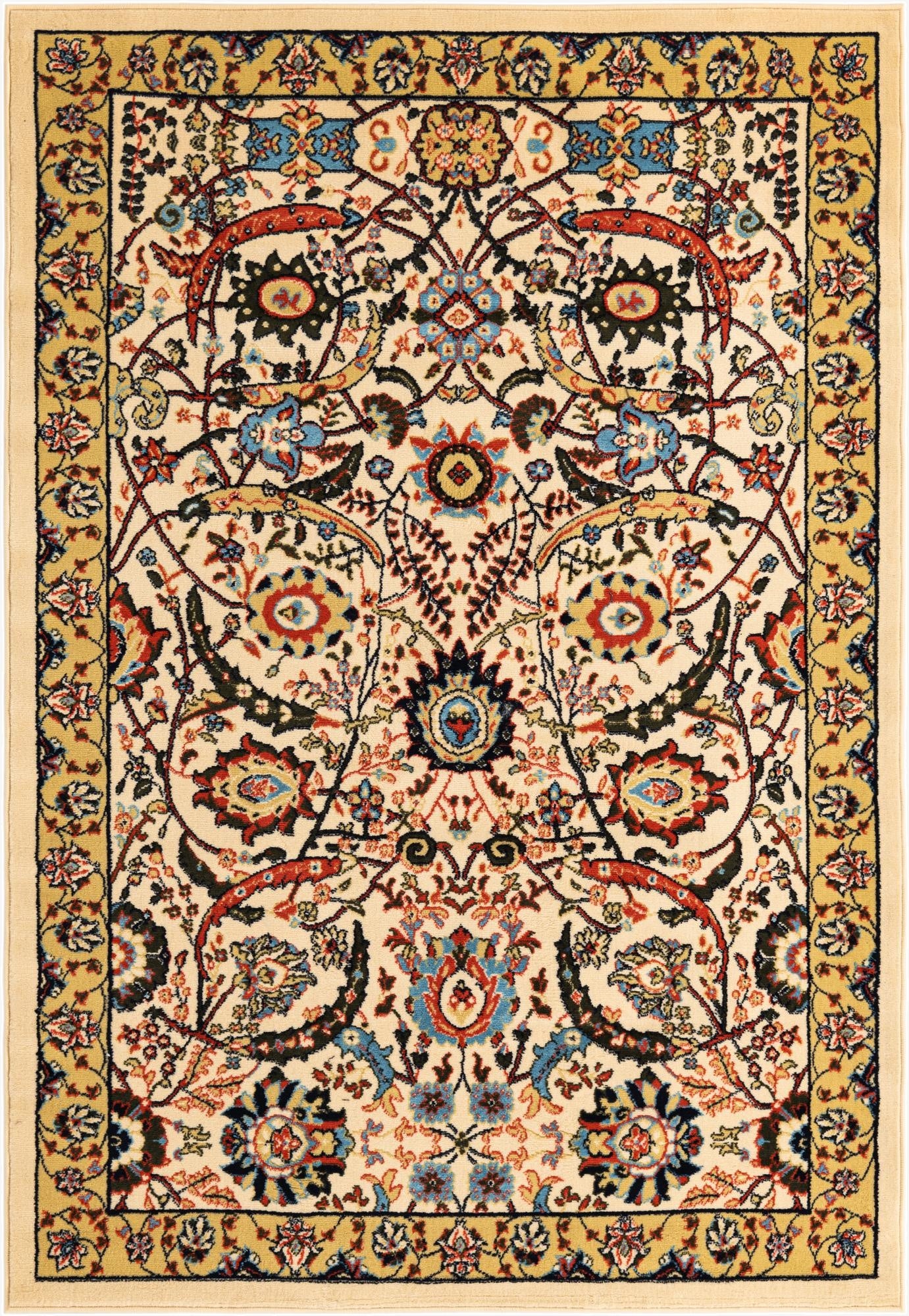 A 5x8 rectangular Neda area rug with an ivory background and a traditional botanical pattern in red, blue, and black, framed by a gold border.