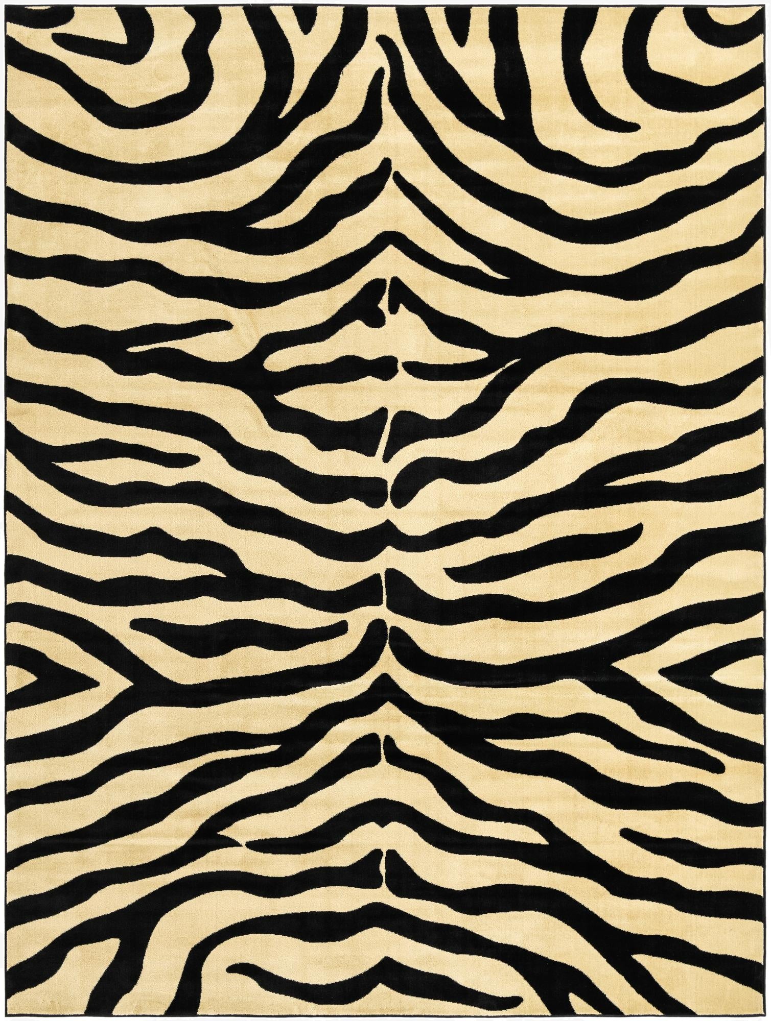 A 9x12 rectangular ivory and black zebra print area rug with a medium pile, perfect for a living room.