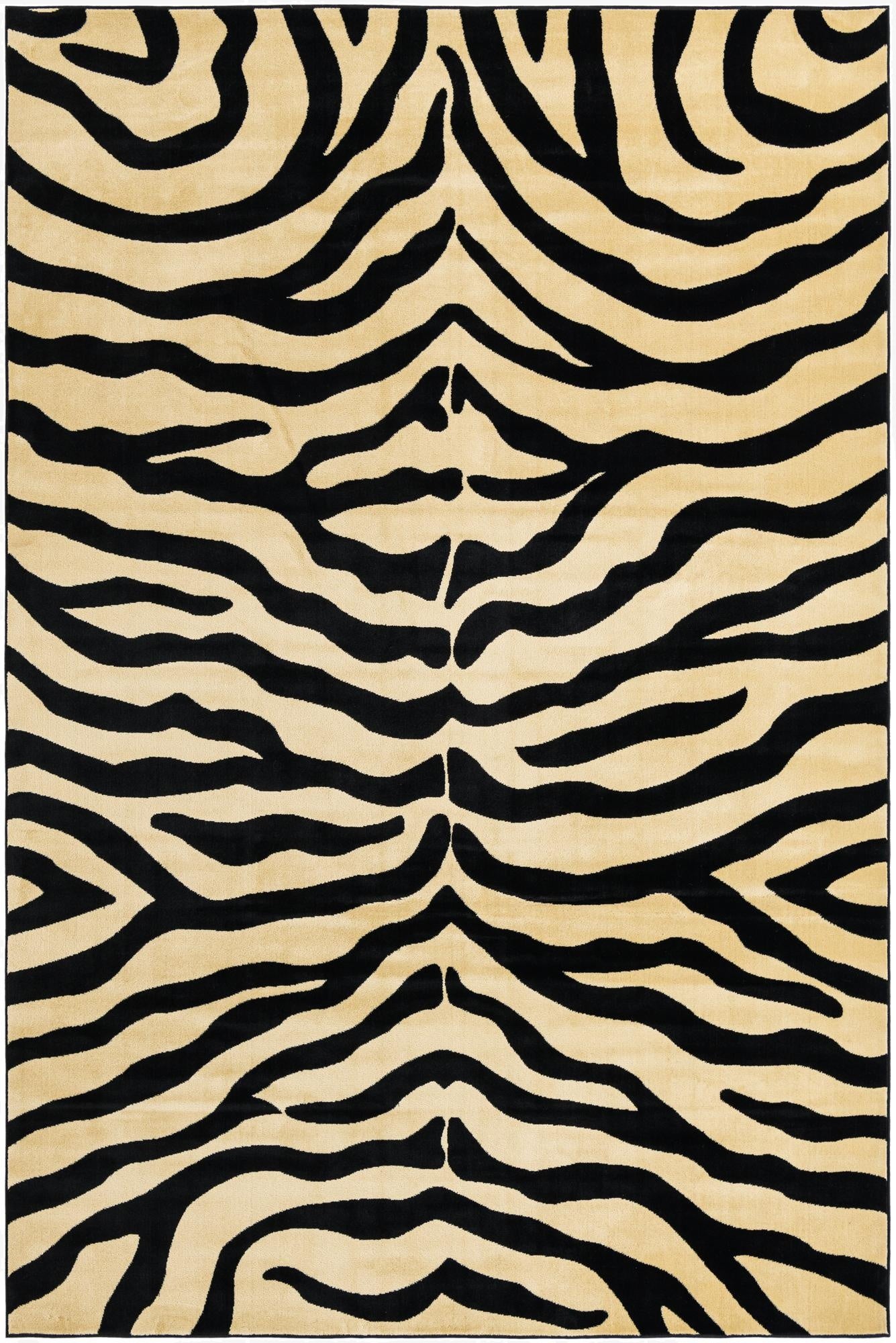 A rectangular 6x9 ivory and black zebra print area rug with a medium pile, perfect for a living room.
