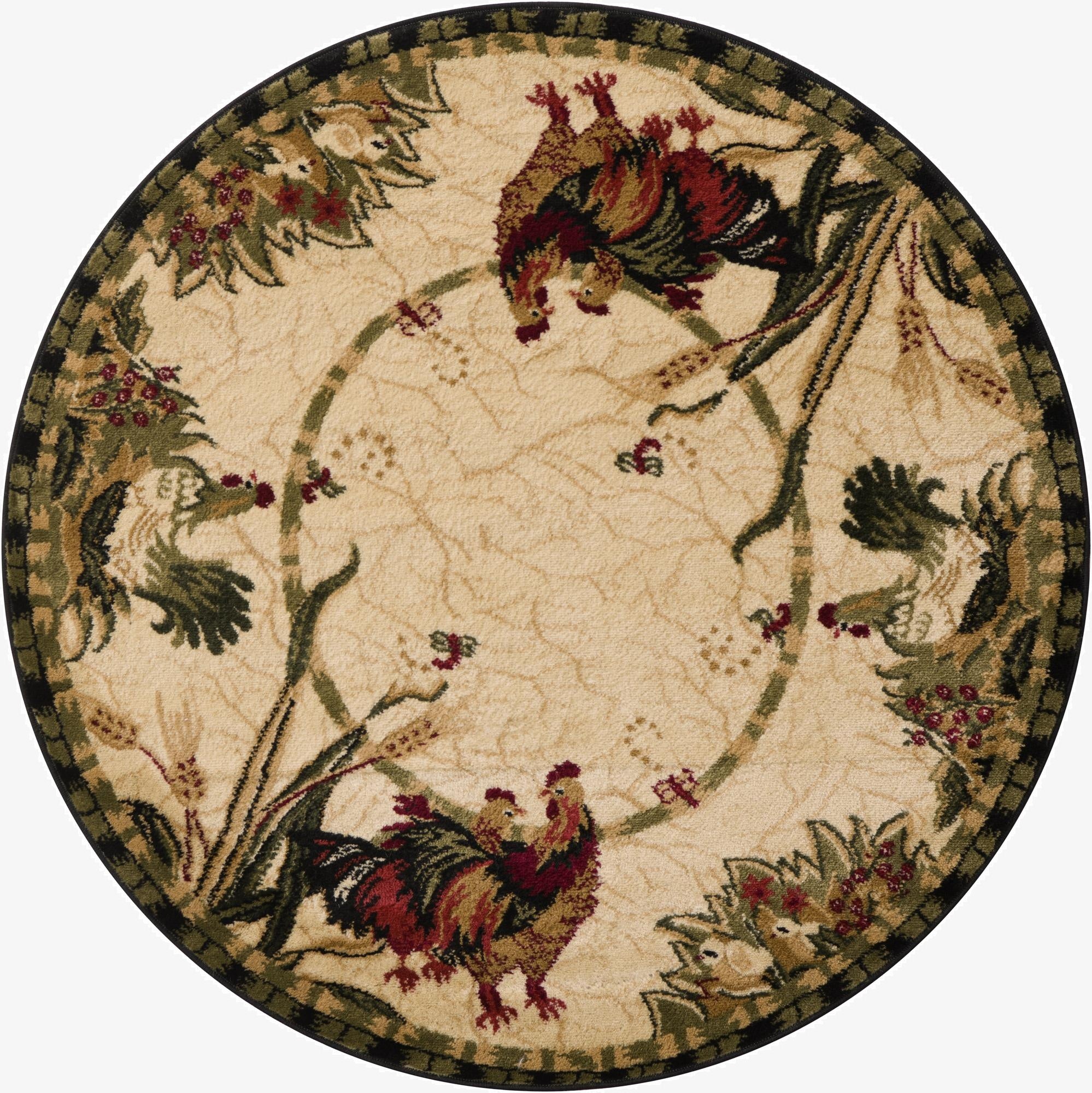 A round ivory rug featuring two roosters, green botanical elements, and red berries, with a dark border.