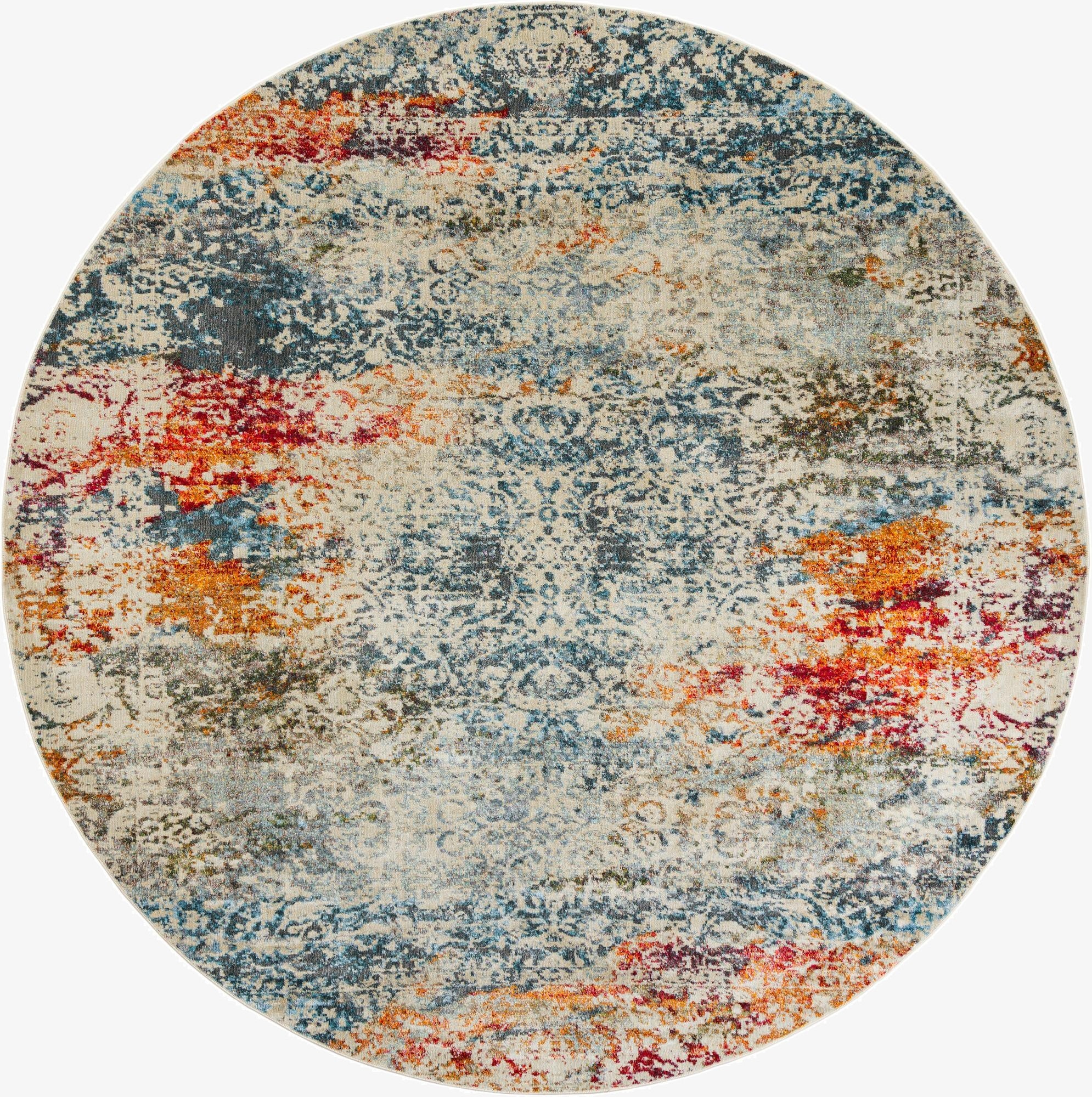 A 10-foot round ivory area rug with an eclectic, distressed medallion pattern in shades of blue, orange, and red.