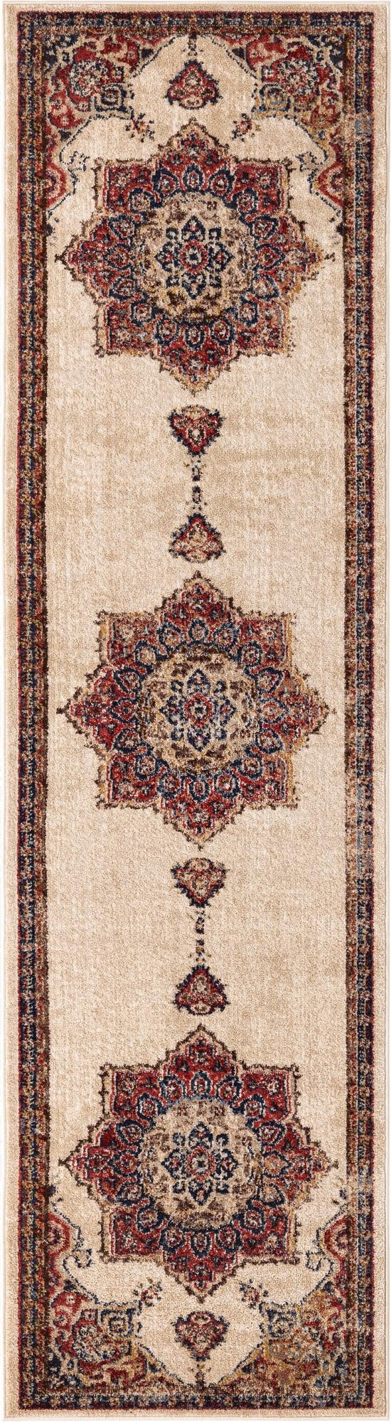 A 10 ft runner rug in ivory with a traditional medallion pattern in red, blue, and gold, perfect for a hallway.