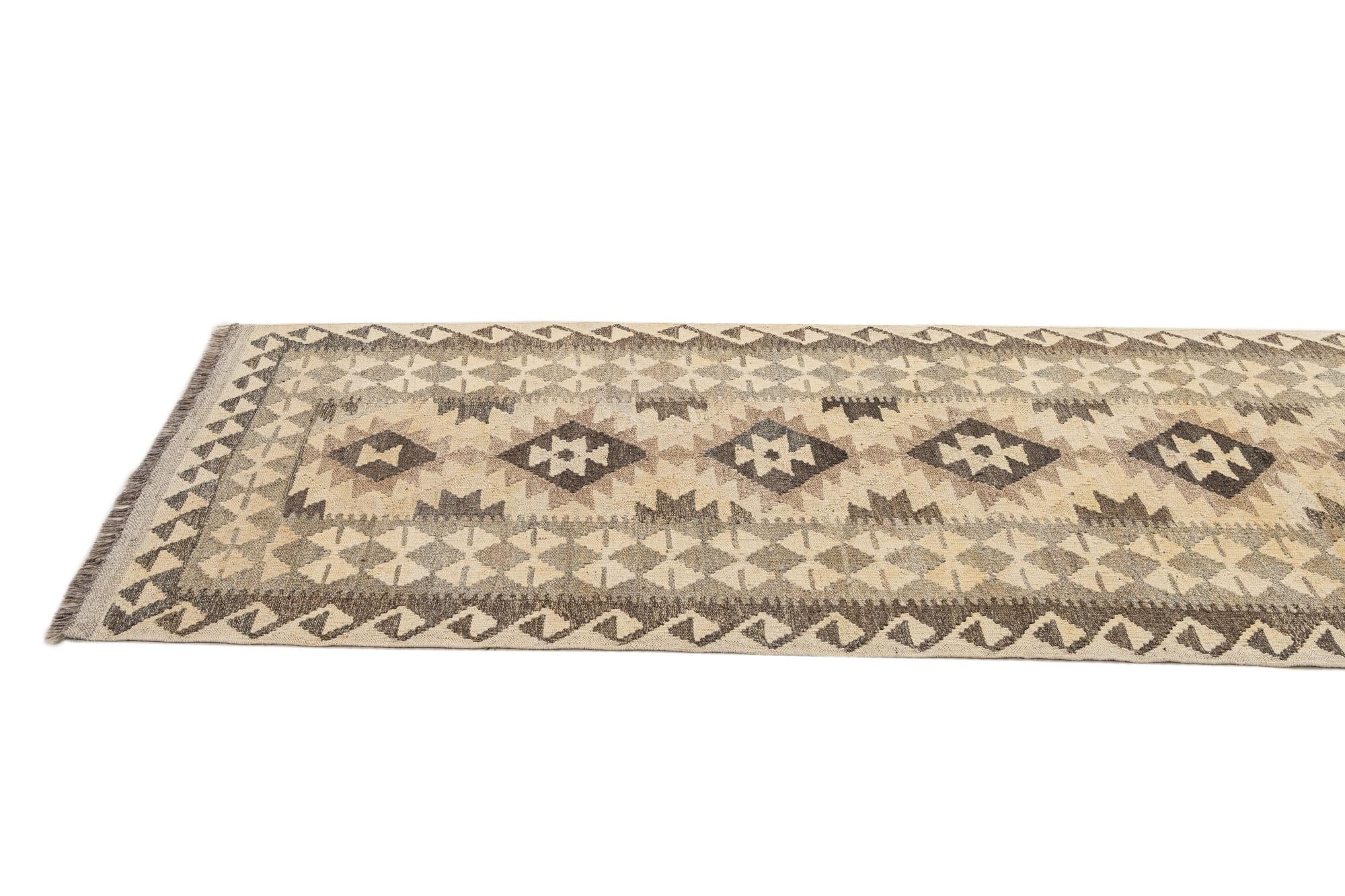 2' 9 x 9' 9 Hand Woven Kilim Maymana Wool Runner Rug
