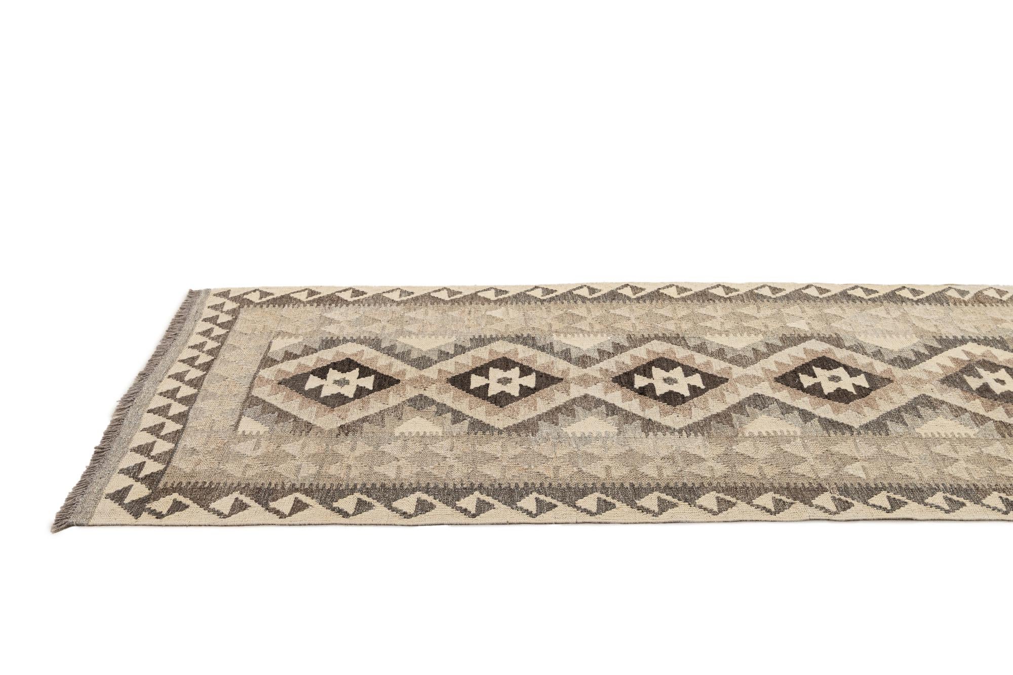 2' 9 x 9' 6 Hand Woven Kilim Maymana Wool Runner Rug