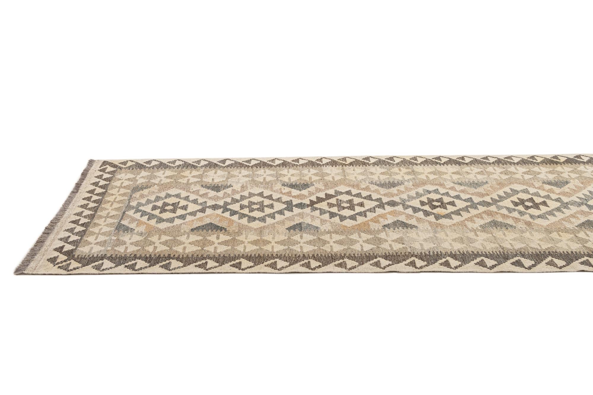 2' 9 x 9' 10 Hand Woven Kilim Maymana Wool Runner Rug