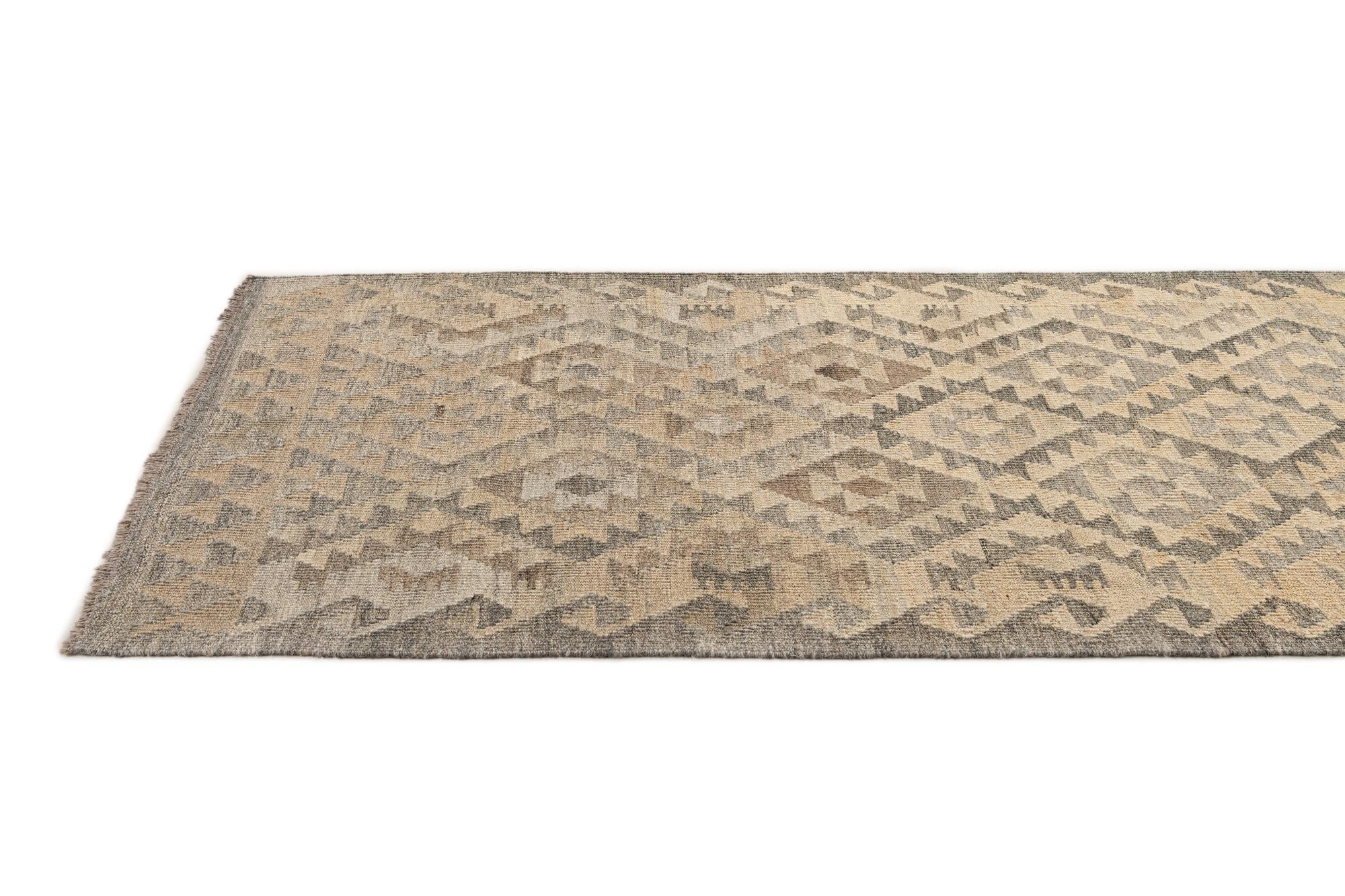 3' 1 x 9' 7 Hand Woven Kilim Maymana Wool Runner Rug