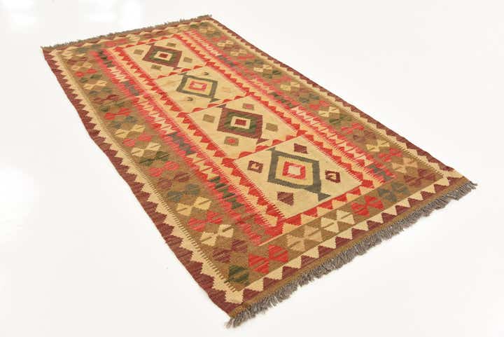 3' 7 x 6' 8 Hand Woven Kilim Maymana Wool Runner Rug