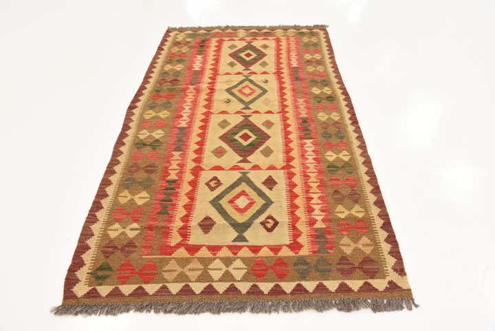 3' 7 x 6' 8 Hand Woven Kilim Maymana Wool Runner Rug