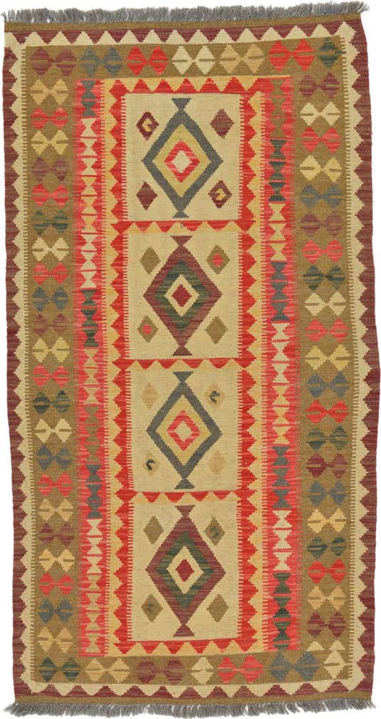 3' 7 x 6' 8 Hand Woven Kilim Maymana Wool Runner Rug