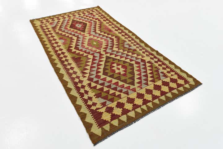 3' 4 x 6' 6 Hand Woven Kilim Maymana Wool Runner Rug