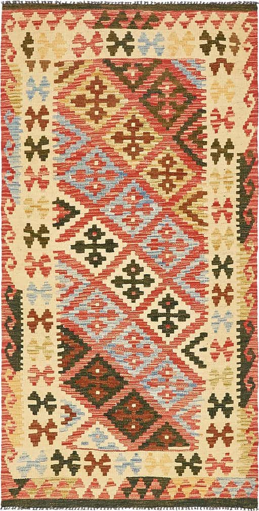 95cm x 195cm Handgewebt Kilim Maymana Wolle Läufer Teppich