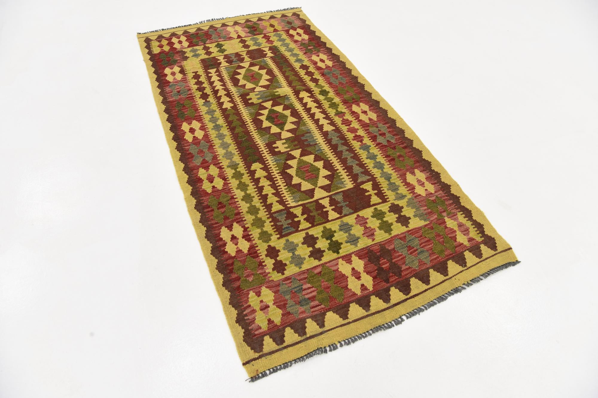 3' 2 x 6' 5 Hand Woven Kilim Maymana Wool Runner Rug