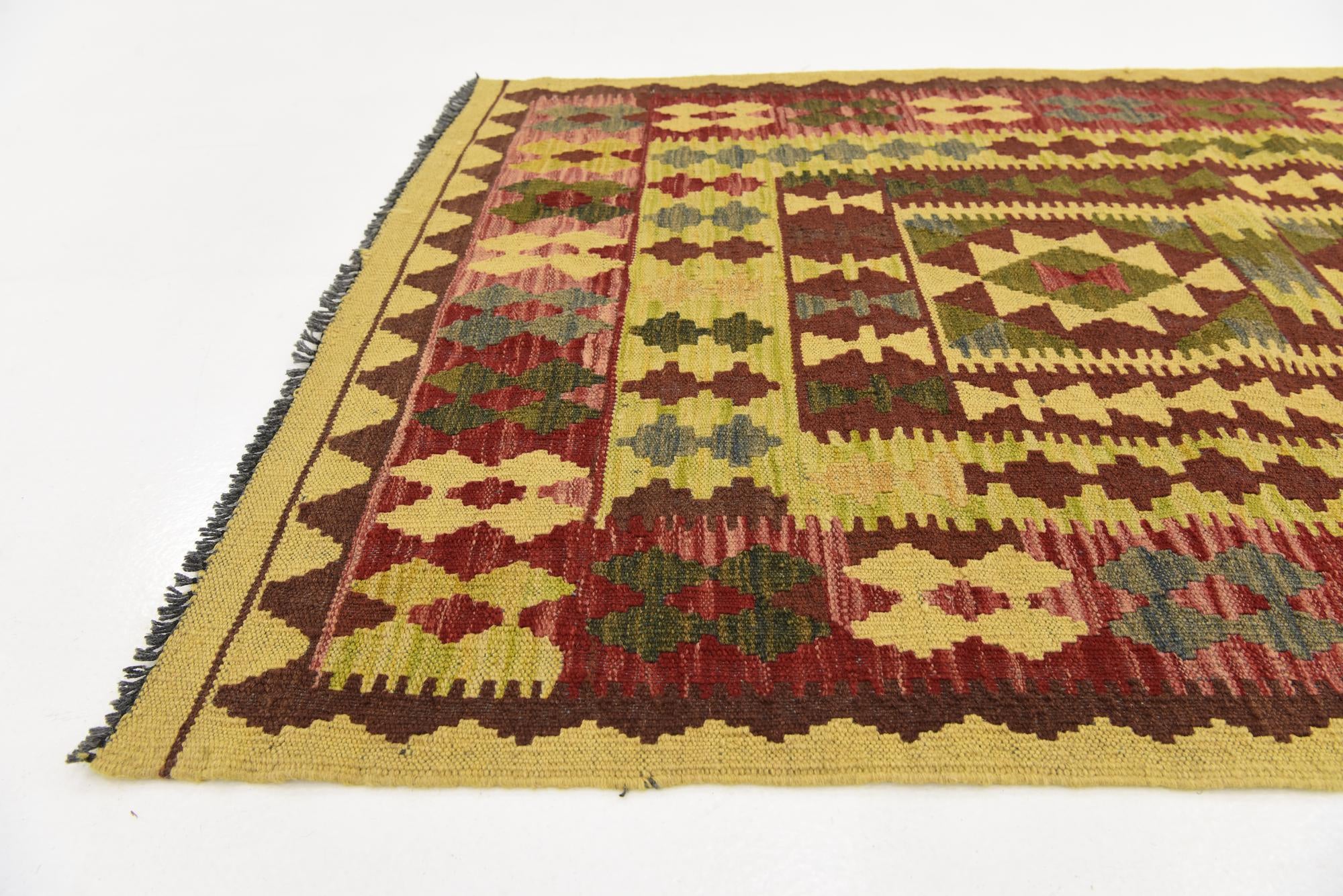 3' 2 x 6' 5 Hand Woven Kilim Maymana Wool Runner Rug