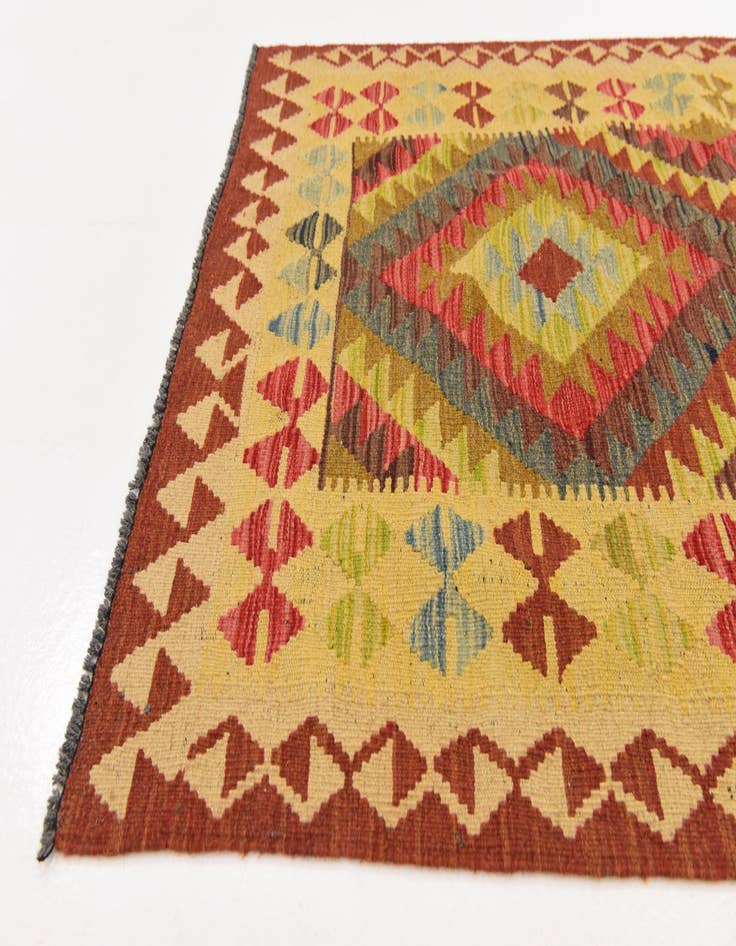 Detail image of 3' 2 x 6' 7  Hand Woven Kilim Maymana Wool Runner Rug