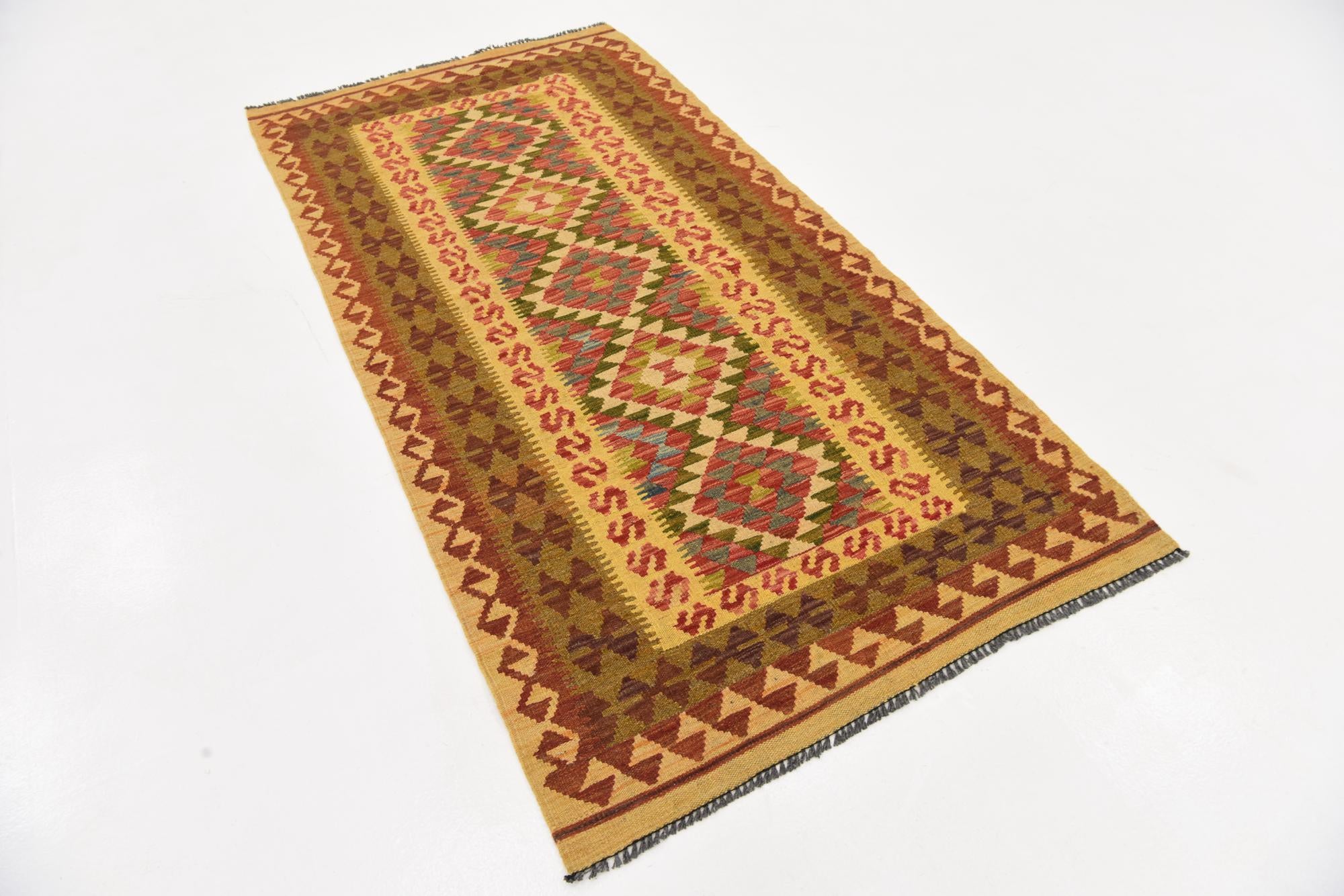 3' 4 x 6' 10 Hand Woven Kilim Maymana Wool Runner Rug