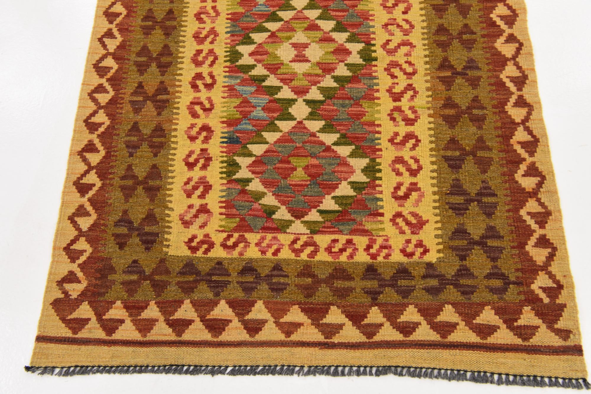 3' 4 x 6' 10 Hand Woven Kilim Maymana Wool Runner Rug