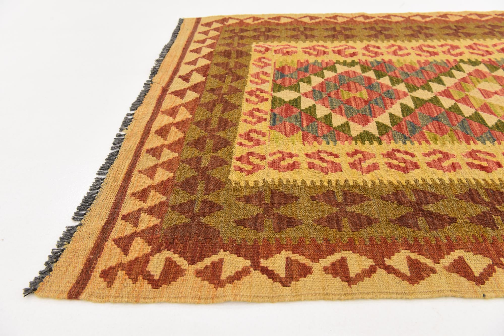3' 4 x 6' 10 Hand Woven Kilim Maymana Wool Runner Rug
