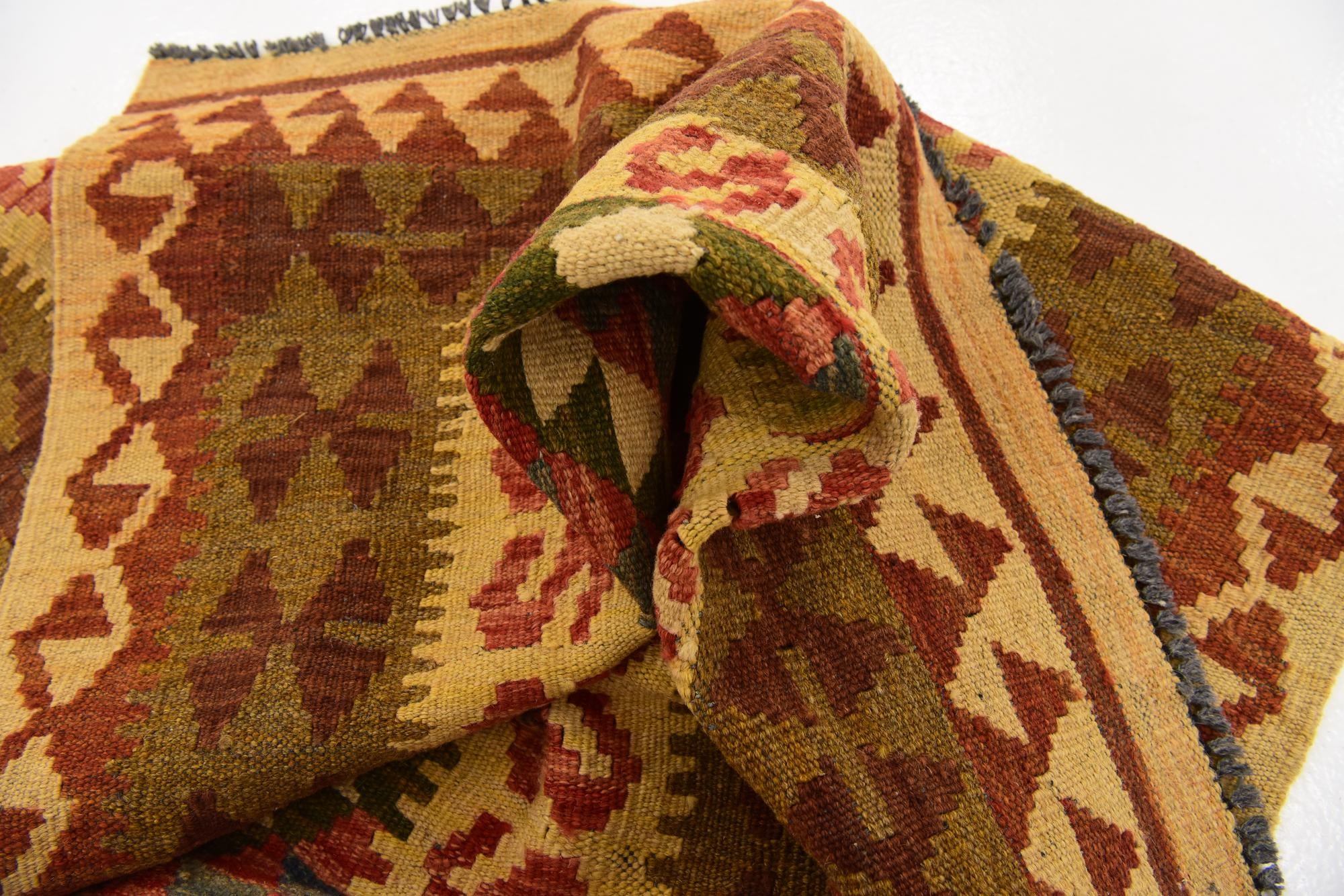 3' 4 x 6' 10 Hand Woven Kilim Maymana Wool Runner Rug