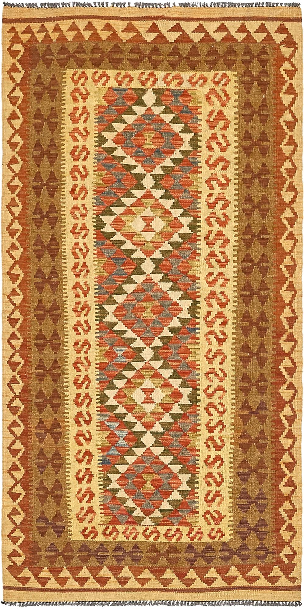 3' 4 x 6' 10 Hand Woven Kilim Maymana Wool Runner Rug