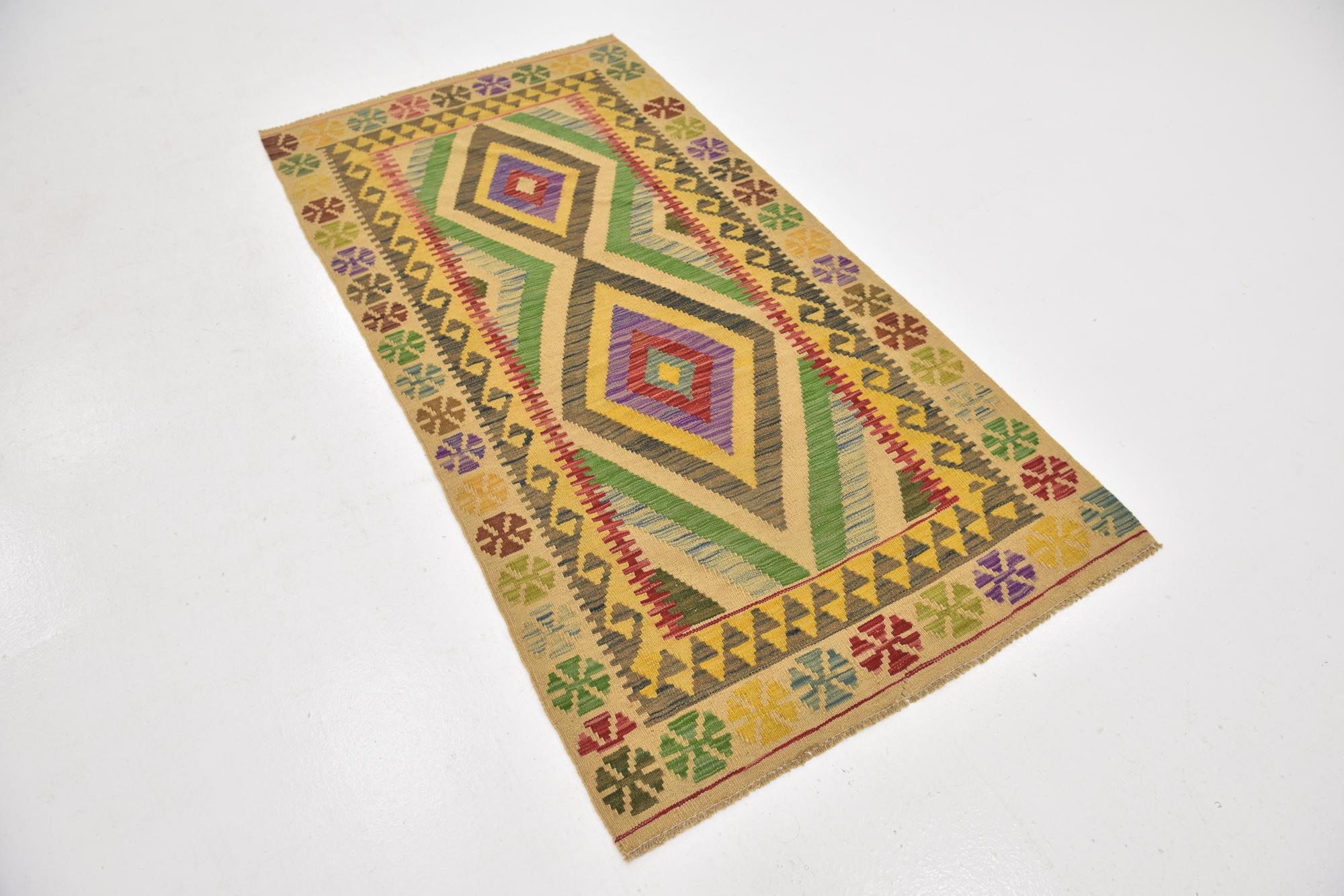 3' 3 x 6' 4 Hand Woven Kilim Maymana Wool Runner Rug