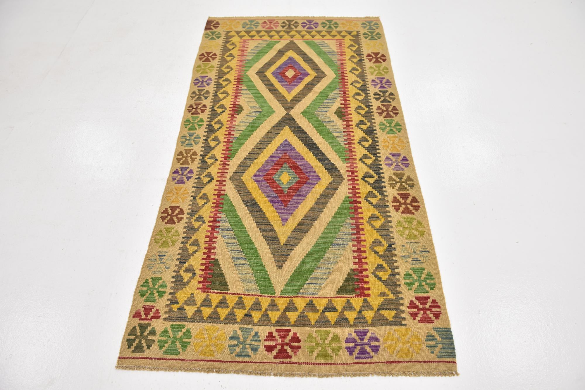 3' 3 x 6' 4 Hand Woven Kilim Maymana Wool Runner Rug