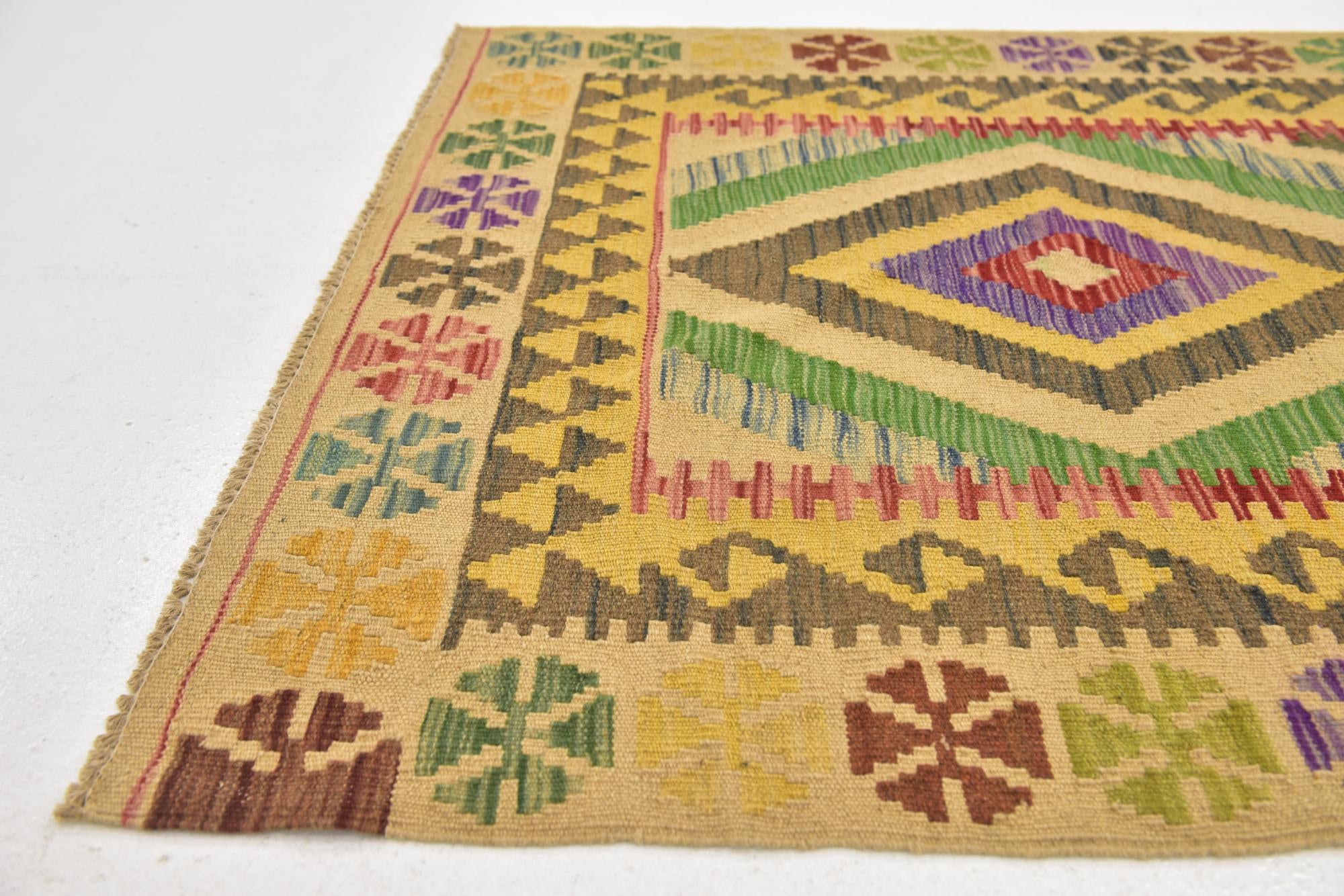 3' 3 x 6' 4 Hand Woven Kilim Maymana Wool Runner Rug