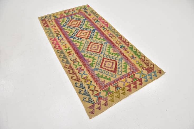 Detail image of 3' 4 x 6' 7 Hand Woven Kilim Maymana Wool Runner Rug