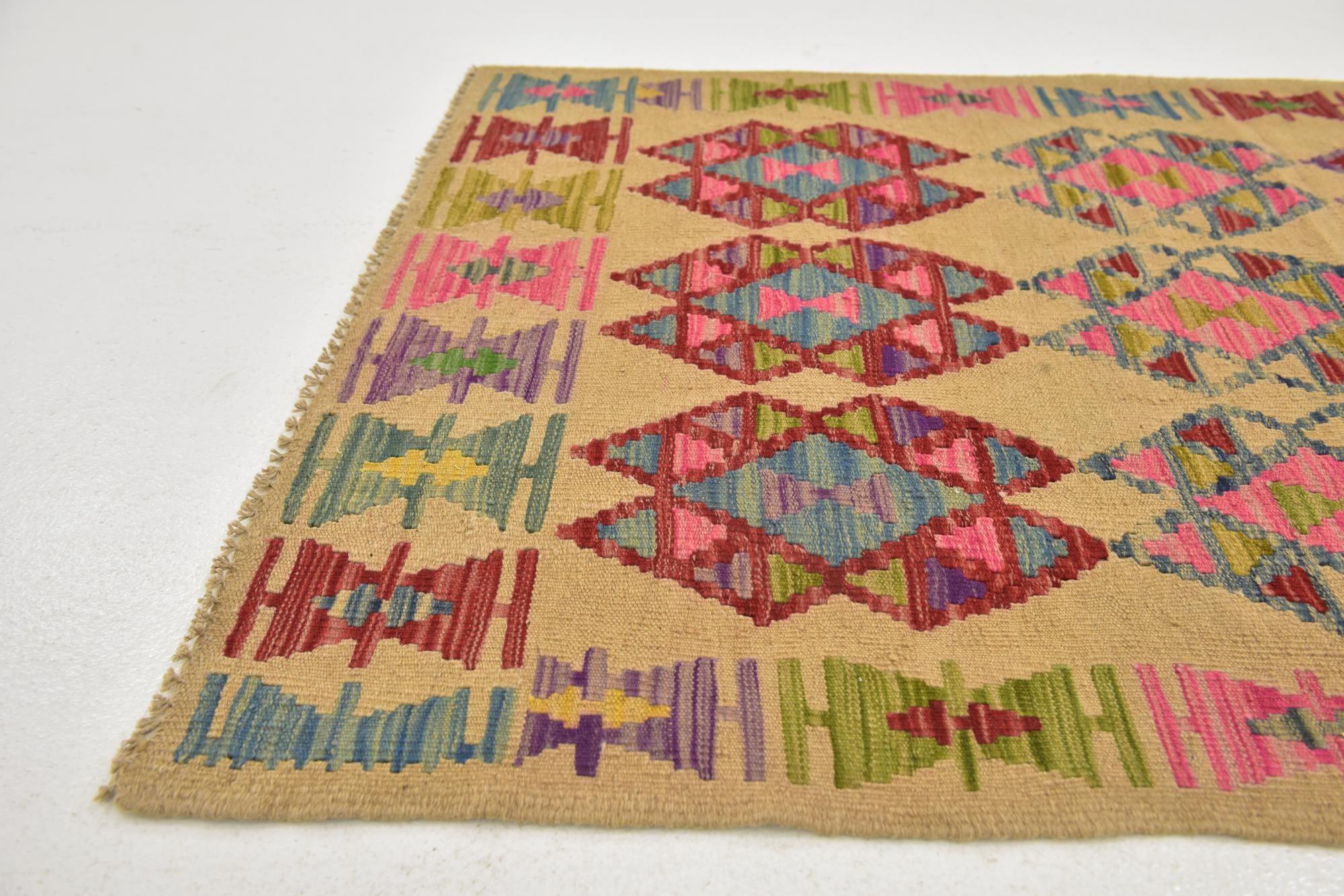 3' 2 x 6' 5 Hand Woven Kilim Maymana Wool Runner Rug