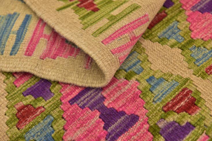 Detail image of 3' 2 x 6' 5 Hand Woven Kilim Maymana Wool Runner Rug