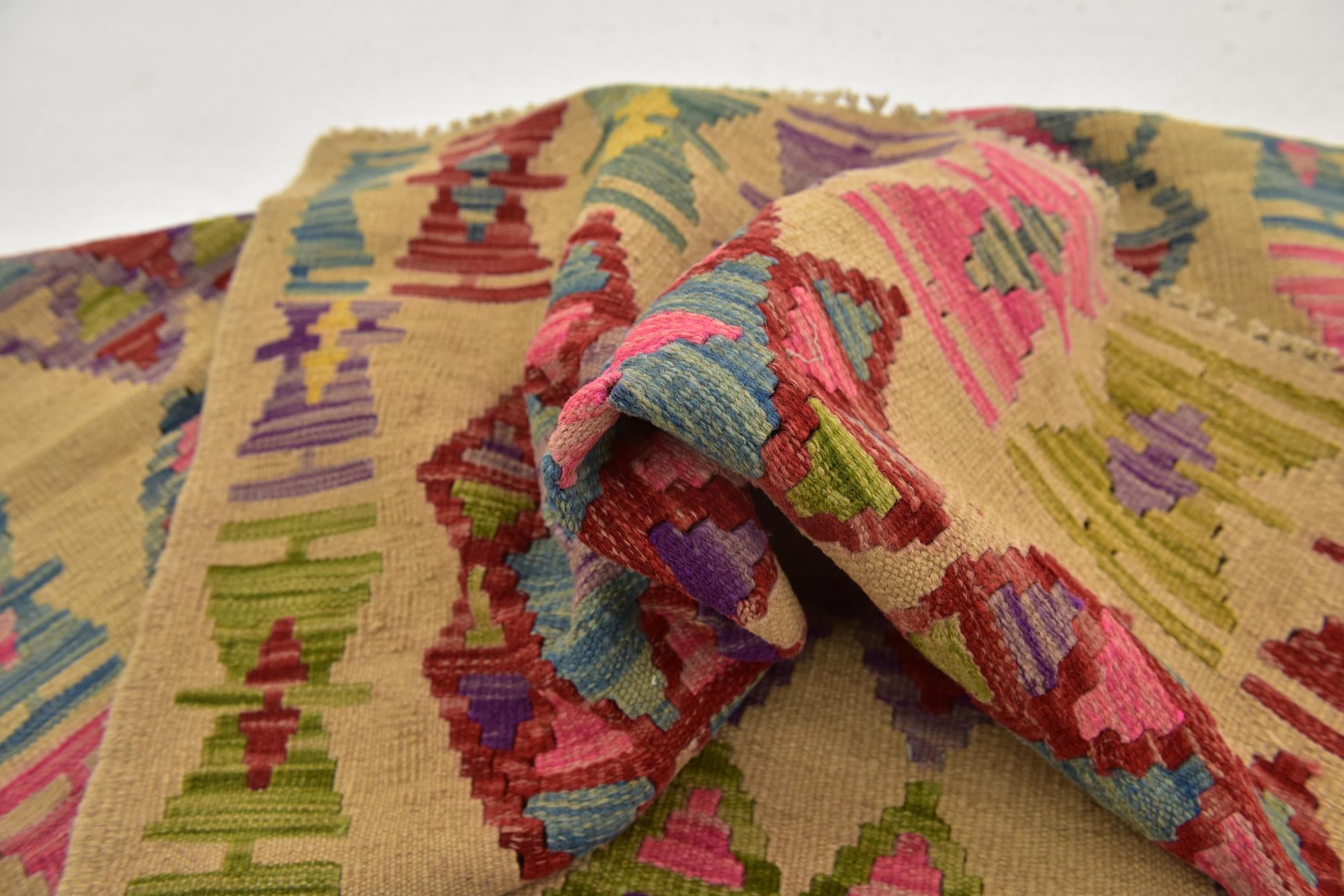 3' 2 x 6' 5 Hand Woven Kilim Maymana Wool Runner Rug