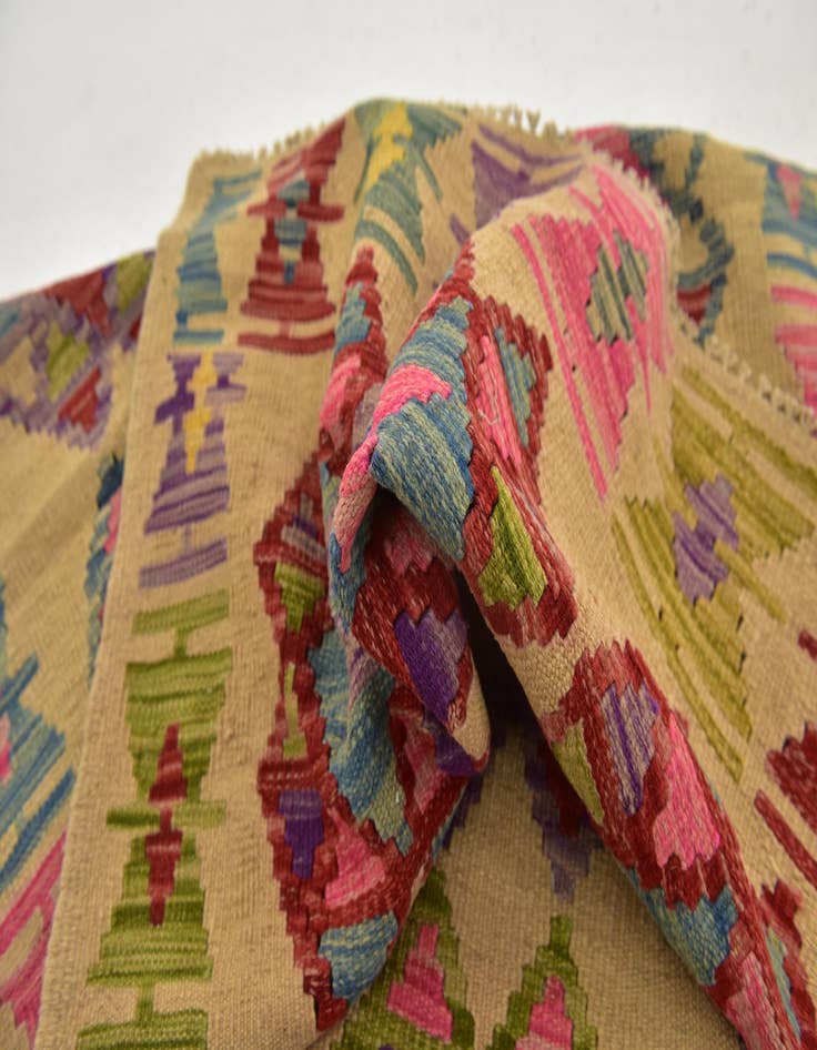 Detail image of 3' 2 x 6' 5  Hand Woven Kilim Maymana Wool Runner Rug