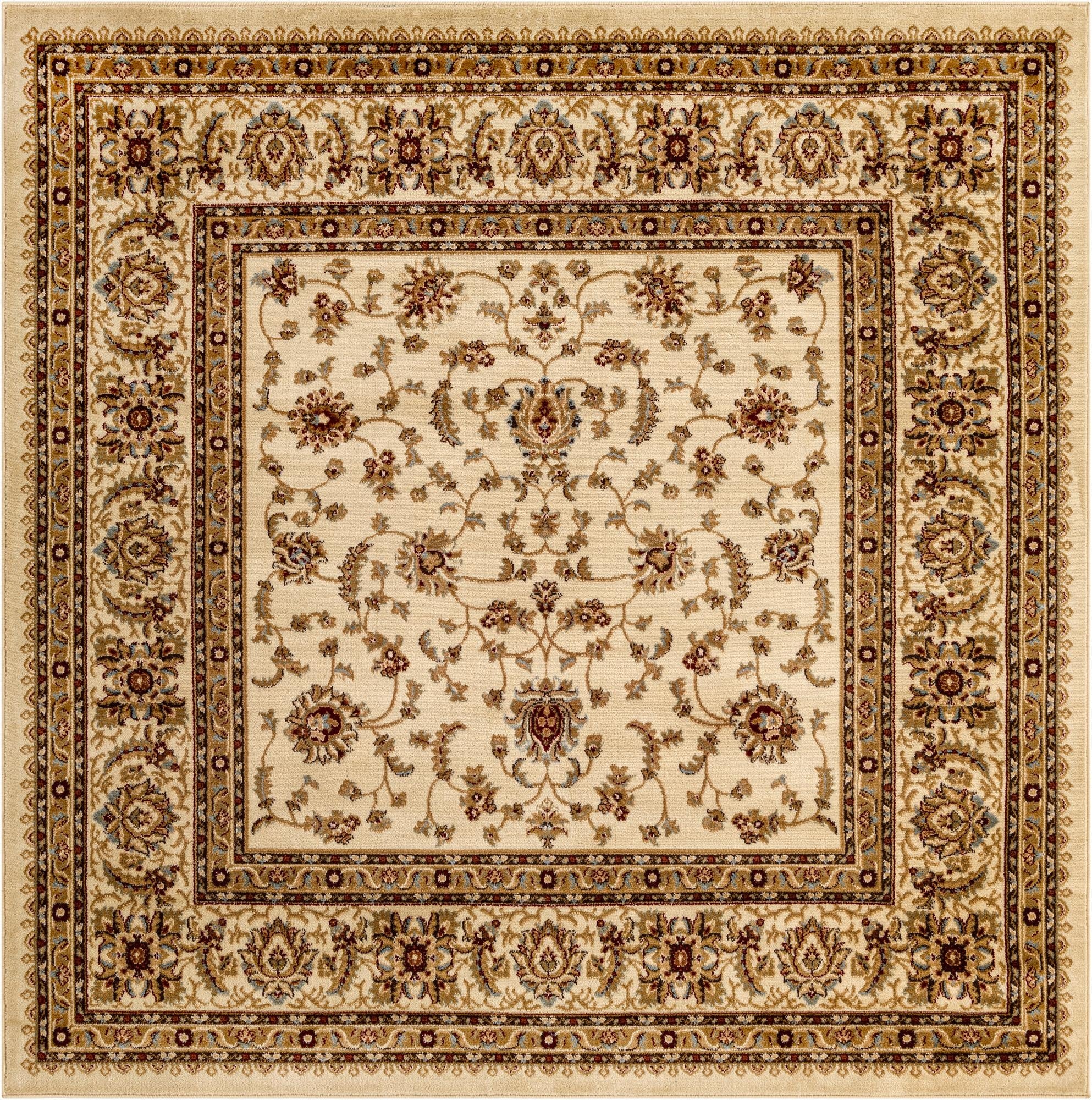 A 7' 0 x 7' 0 square Aditi rug in ivory with a traditional floral and oriental pattern, featuring cream, brown, and subtle blue accents.