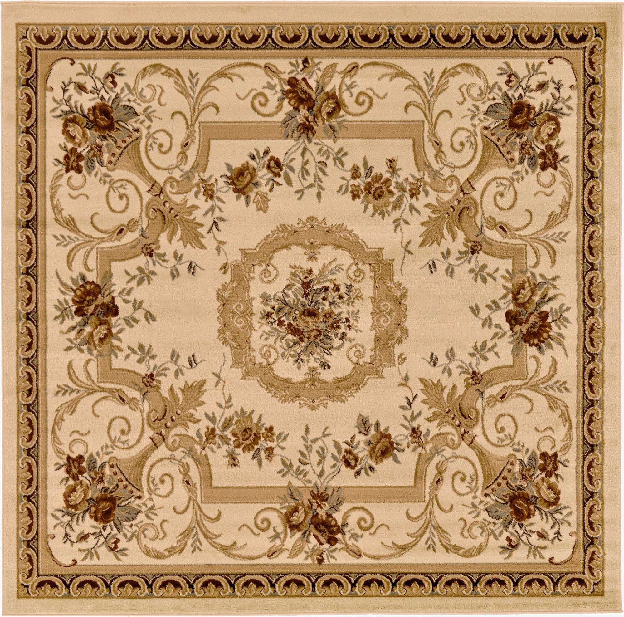 A 7' 10 x 7' 10 square ivory traditional rug with a botanical medallion pattern in cream, brown, and green tones.