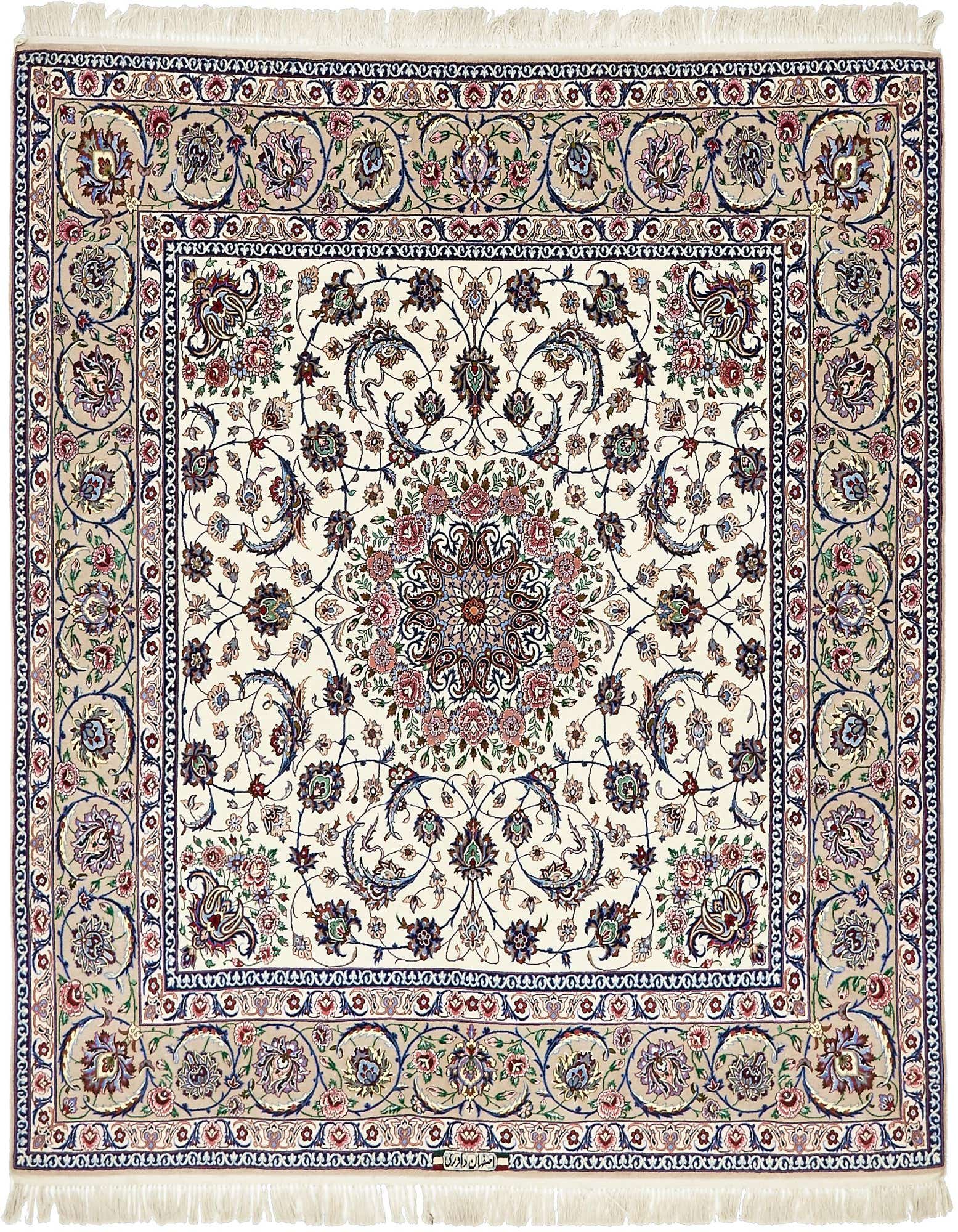 6' 7 x 6' 8 Hand Knotted Isfahan Persian Square Rug
