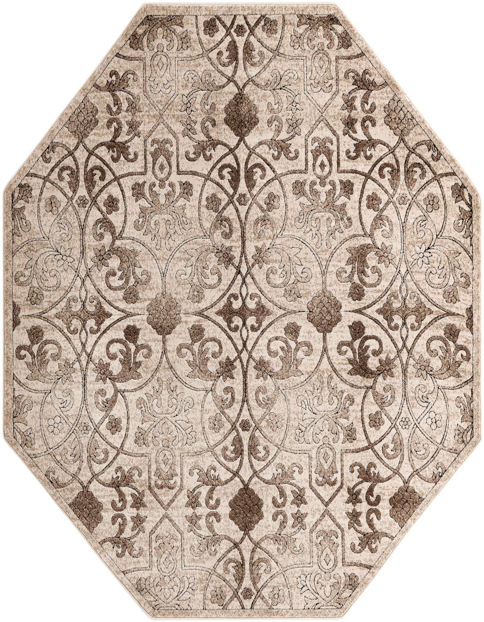 Octagon-shaped rug with a traditional botanical pattern in shades of brown and cream, featuring a textured pile.