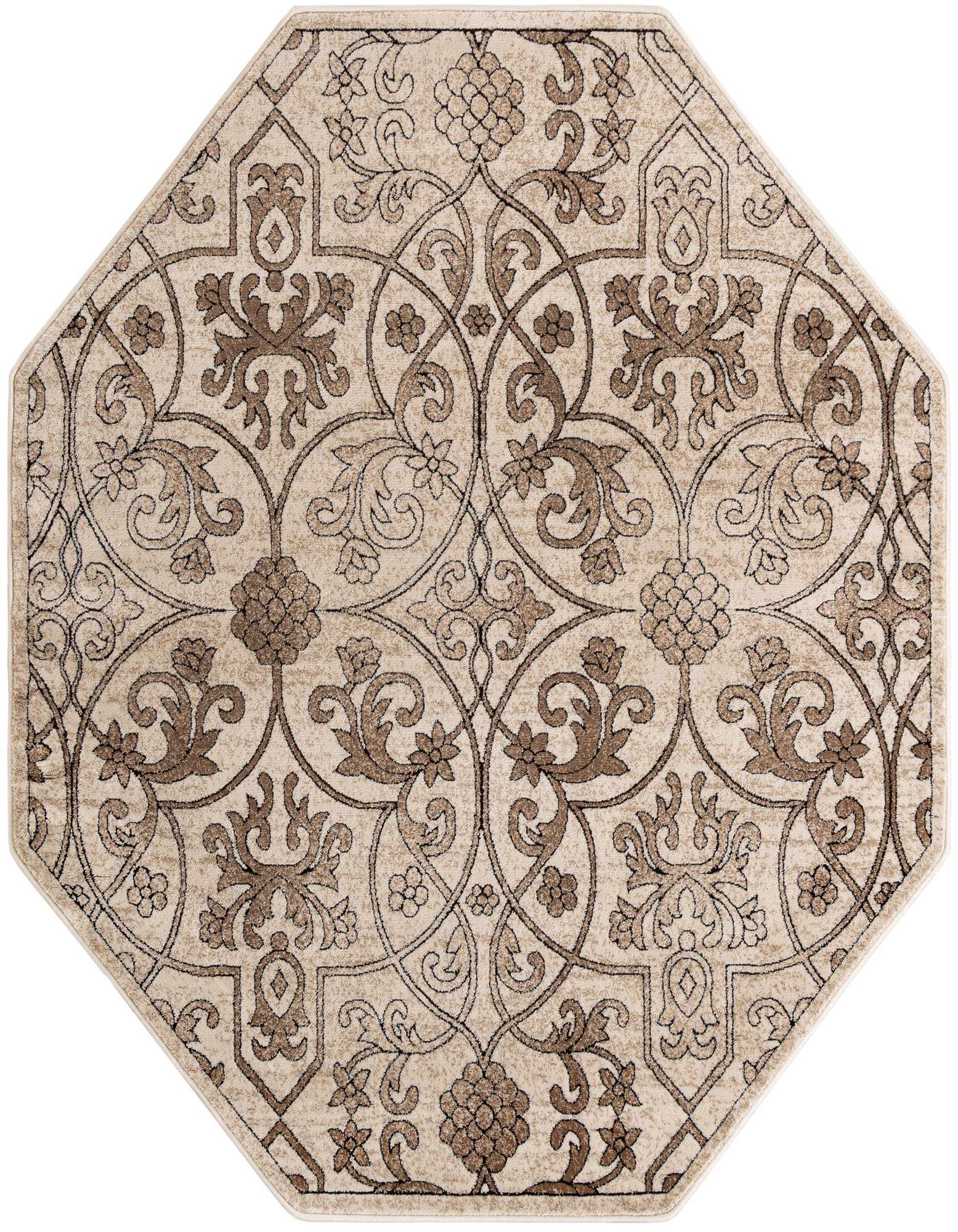 An octagon-shaped Rugs.com Nepal rug, 6' x 6', featuring a traditional botanical pattern in browns, tans, and ivories.