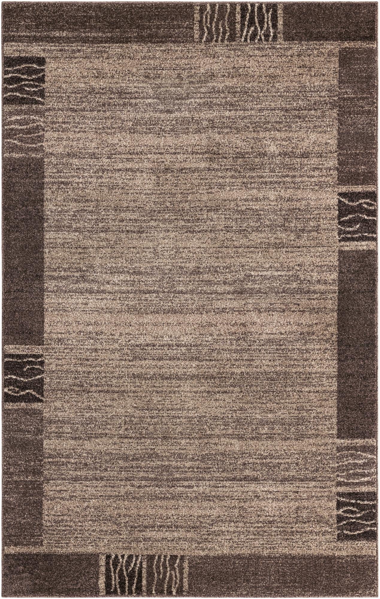A rectangular 5x8 brown and tan area rug with a contemporary coastal pattern, featuring a dark brown border with abstract ivory wave-like designs.