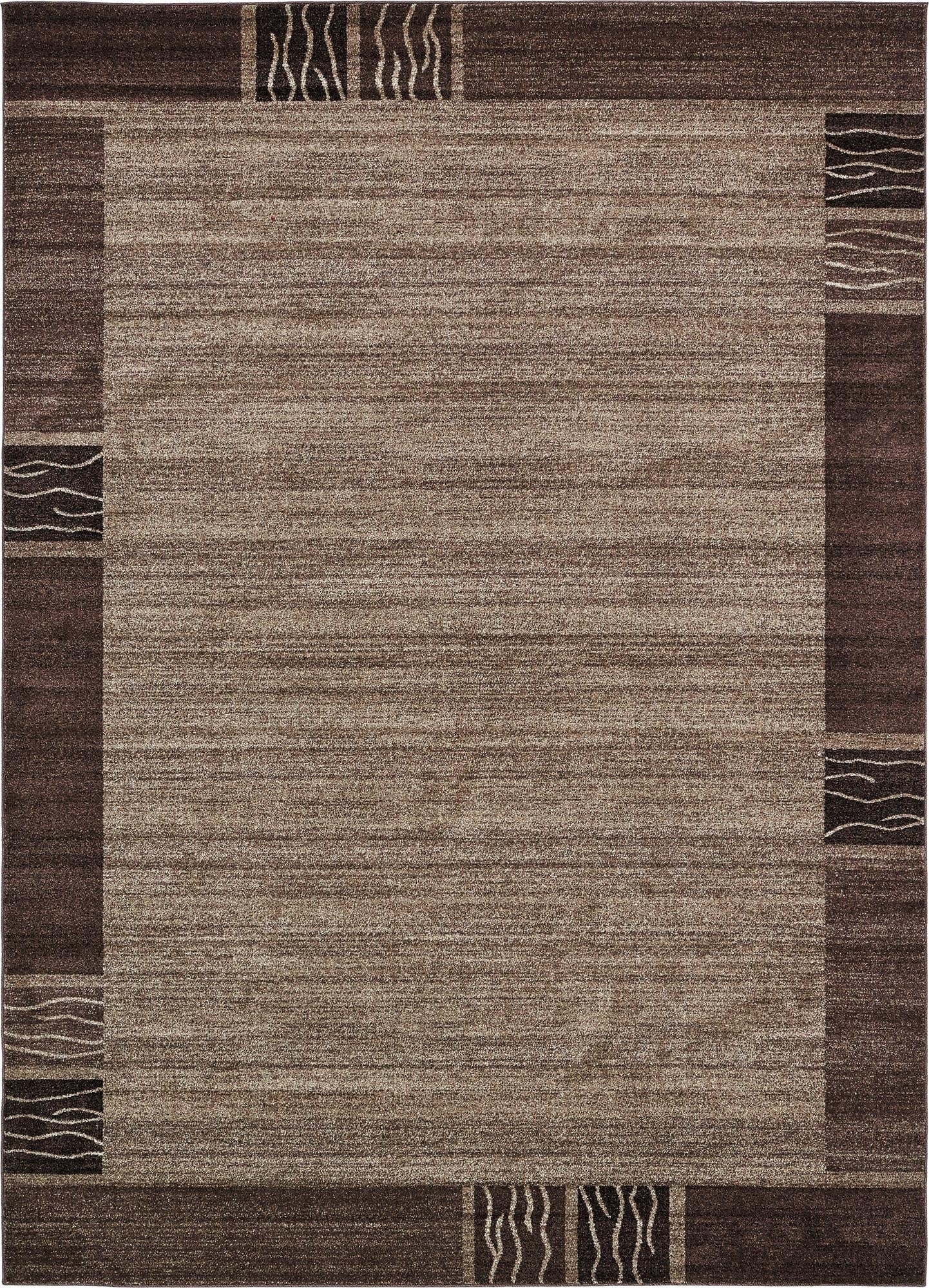 An 8x11 rectangular Angelica rug by Rugs.com, featuring a tan and brown contemporary design with abstract wave patterns.
