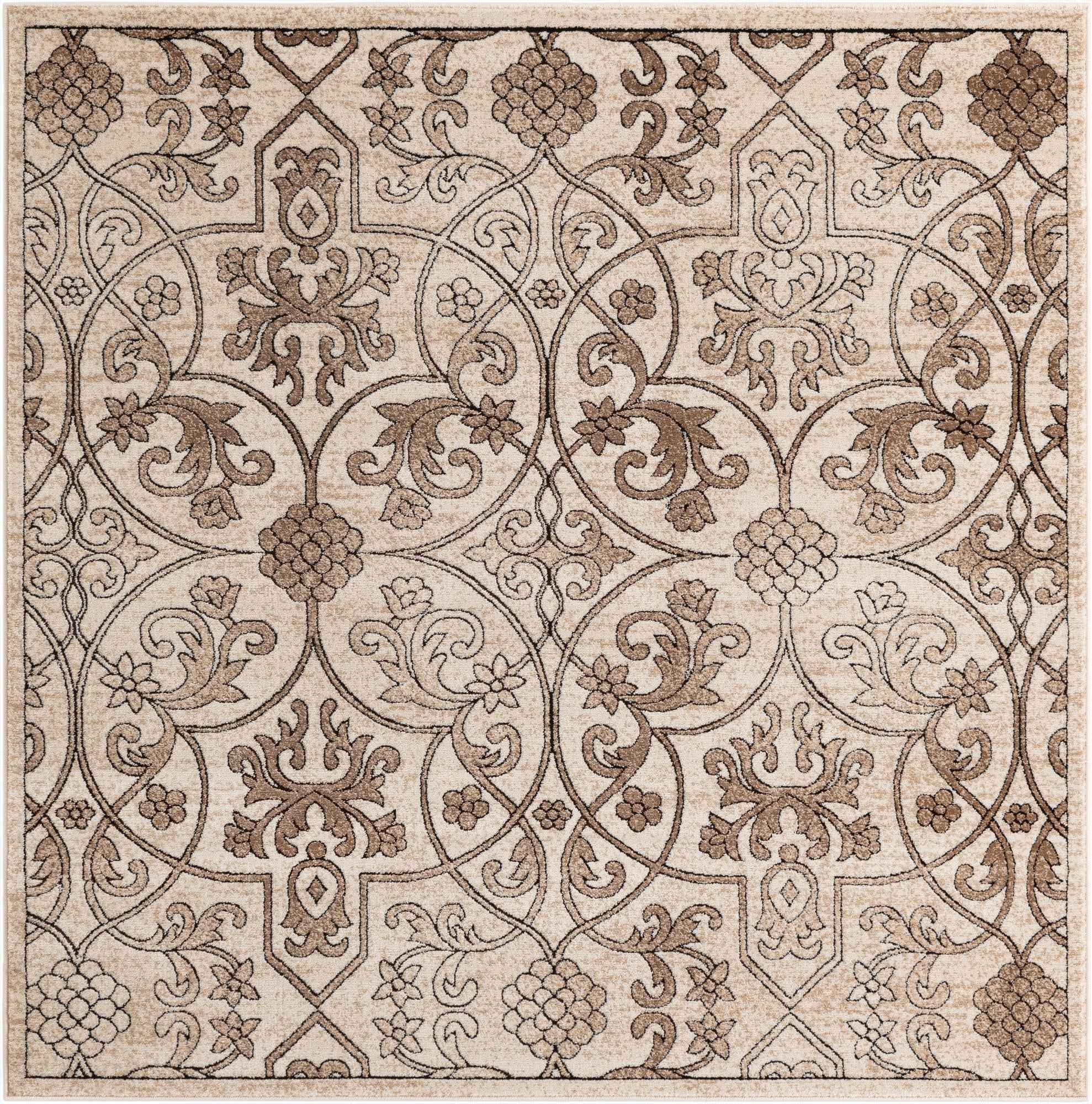 A square Nepal Collection rug, 6' x 6', featuring a traditional botanical pattern in browns, tans, and ivories.