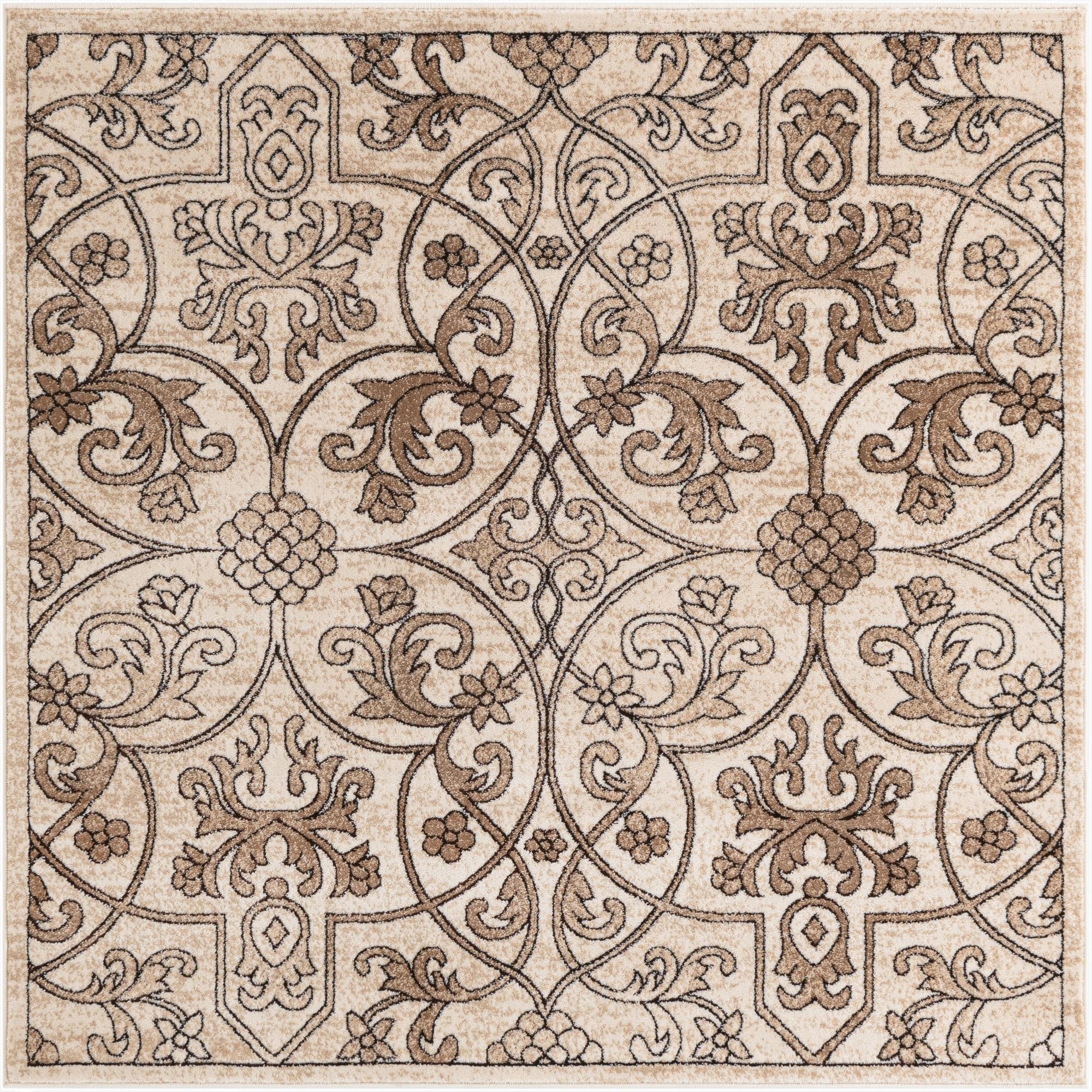 A 5' 3 x 5' 3 square Nepal rug with a traditional botanical pattern in shades of brown, tan, and cream.