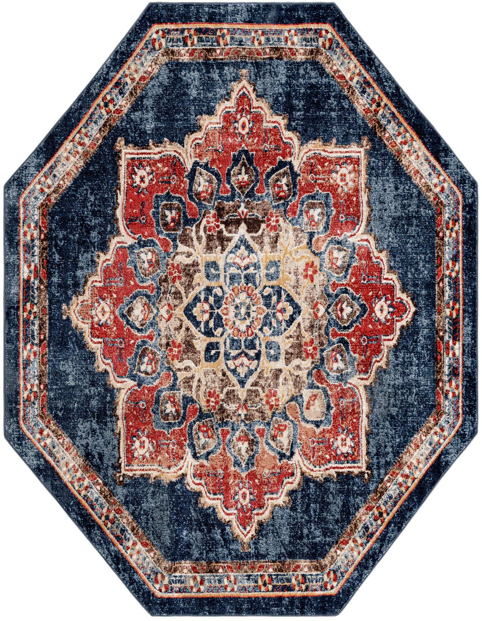 A 7' 0 x 7' 0 octagon rug with a distressed blue background and a central medallion in red, blue, and beige.