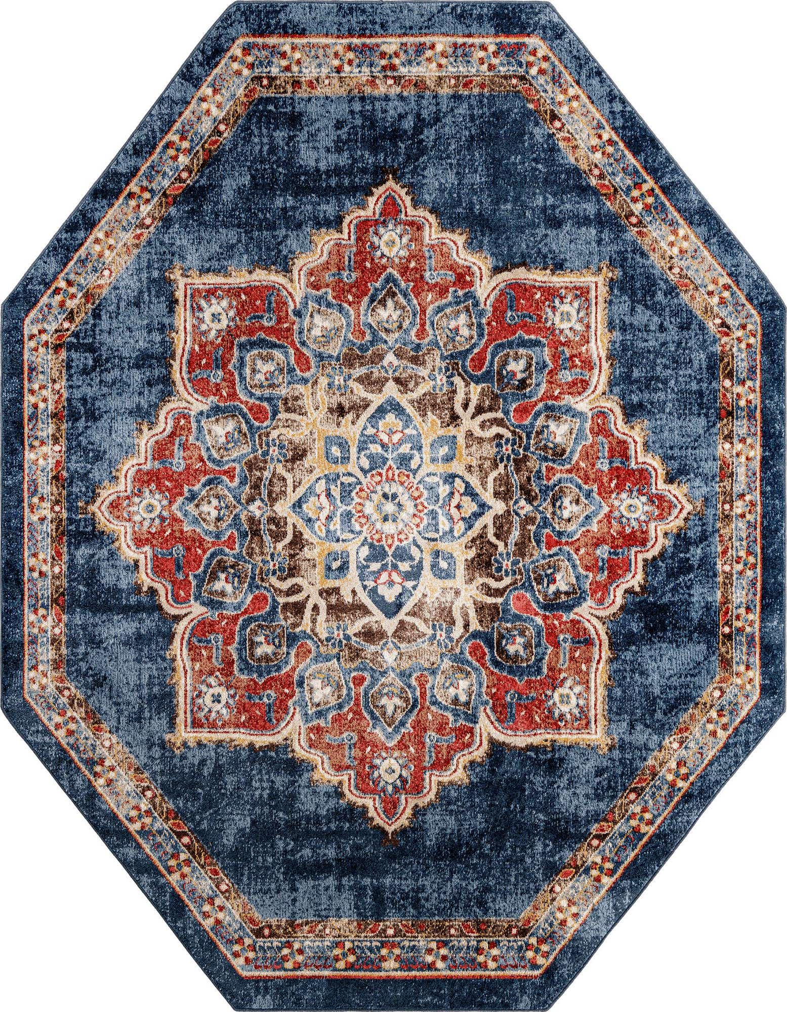 An 8' 0 x 8' 0 octagon blue rug with a distressed traditional medallion pattern in red, gold, and light blue.