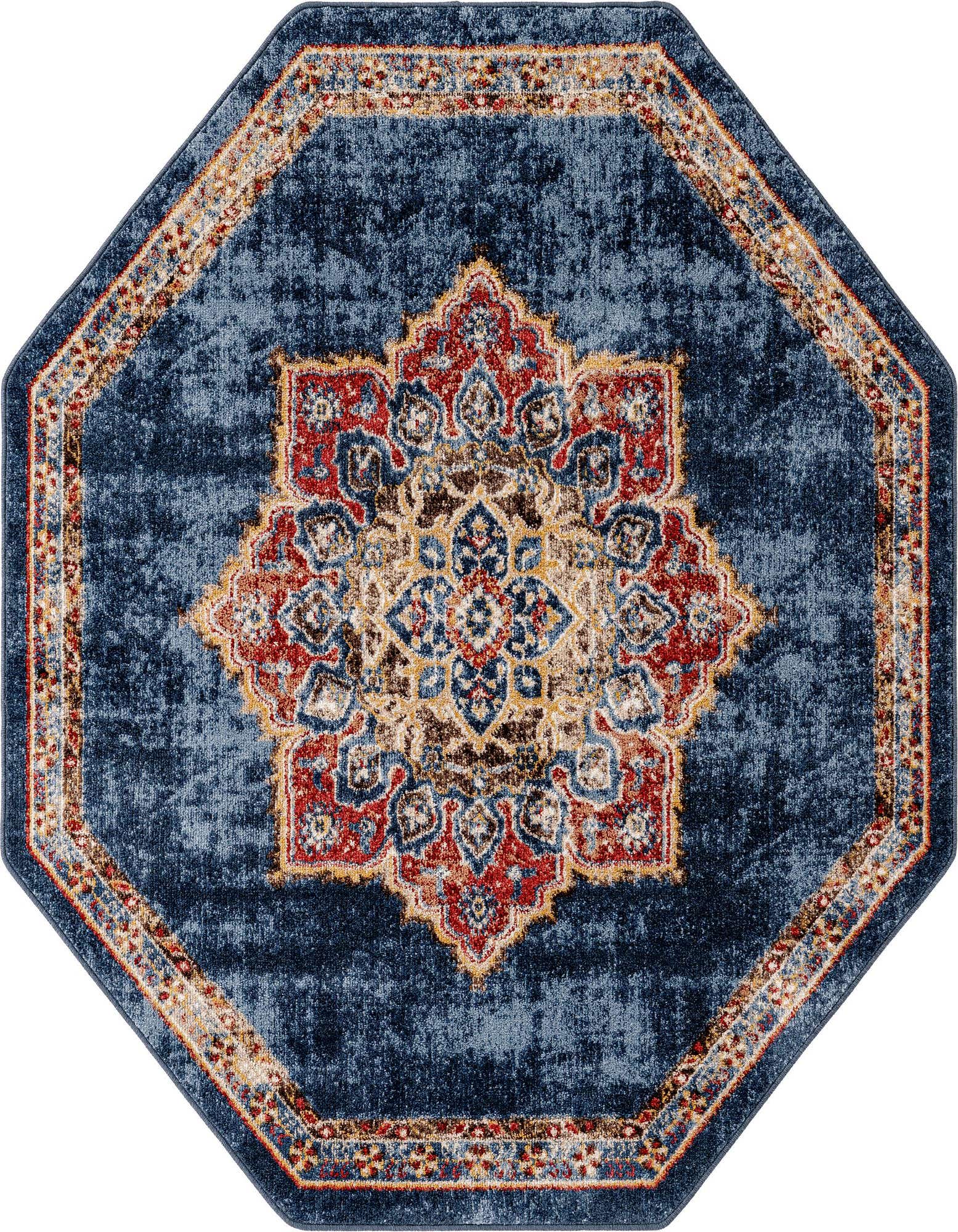 A 5' 0 x 5' 0 octagon rug with a distressed blue background and a central red, gold, and blue medallion.