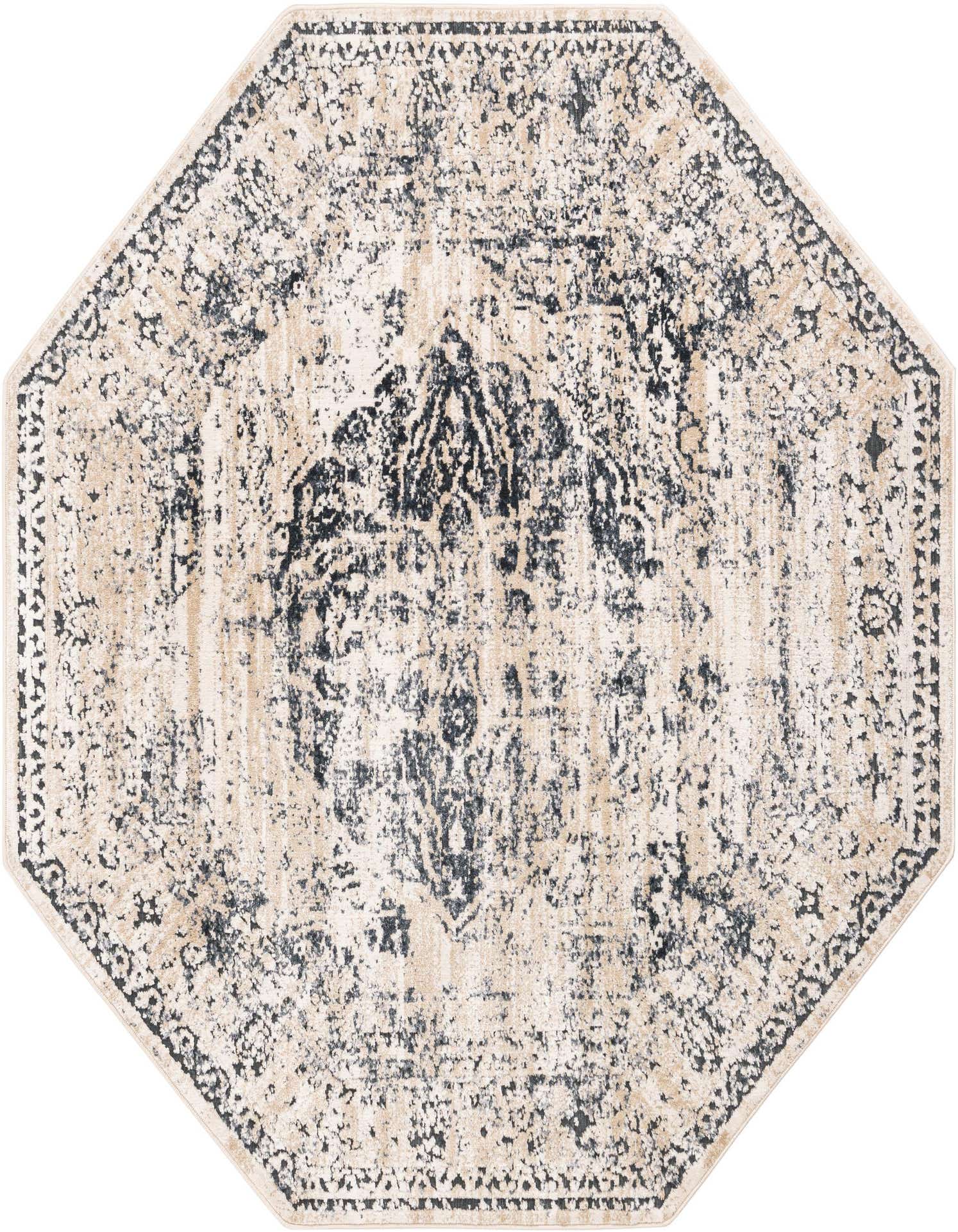 An octagon-shaped Eliza Collection rug from Rugs.com, featuring a distressed traditional medallion pattern in shades of blue and cream.
